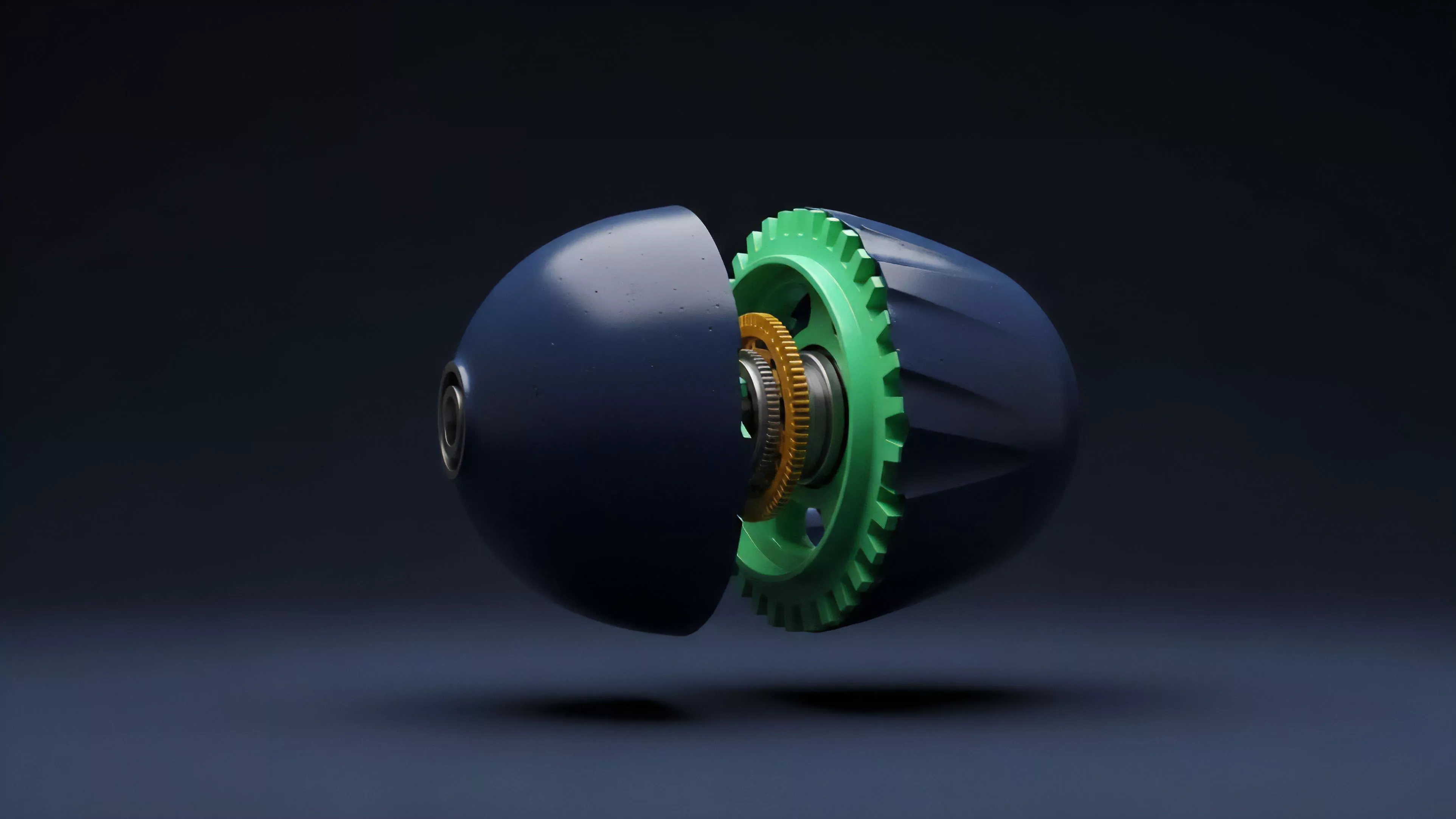A stylized, dark blue spherical object is split in two, revealing a complex internal mechanism of interlocking gears.