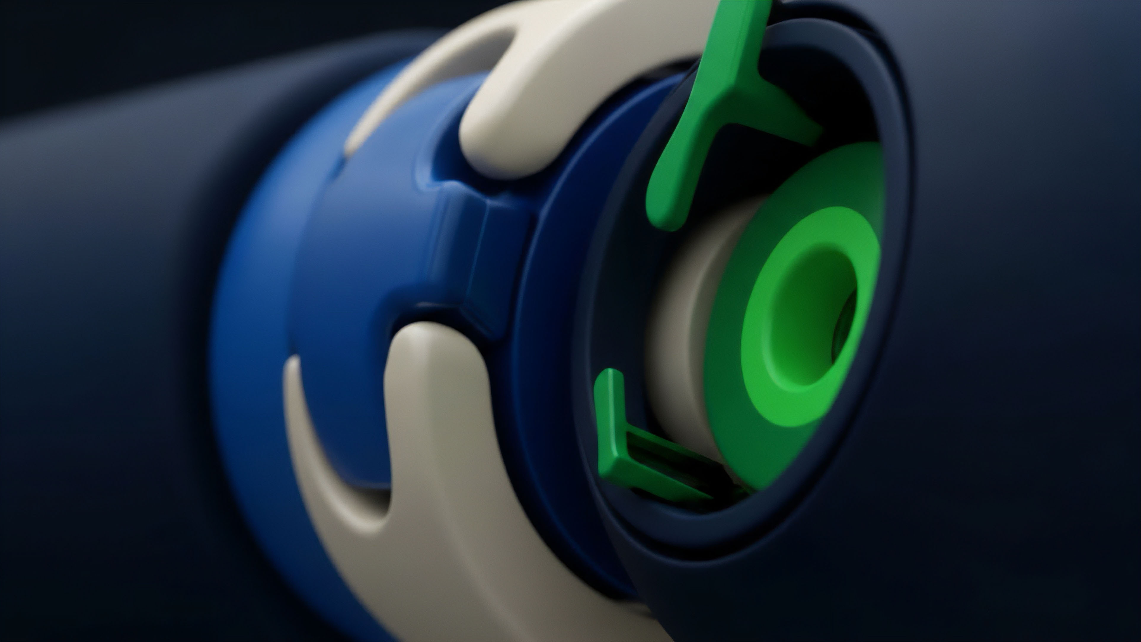 A close-up view of a high-tech mechanical component features smooth, interlocking elements in a deep blue, cream, and bright green color palette. The composition highlights the precision and clean lines of the design, with a strong focus on the central assembly