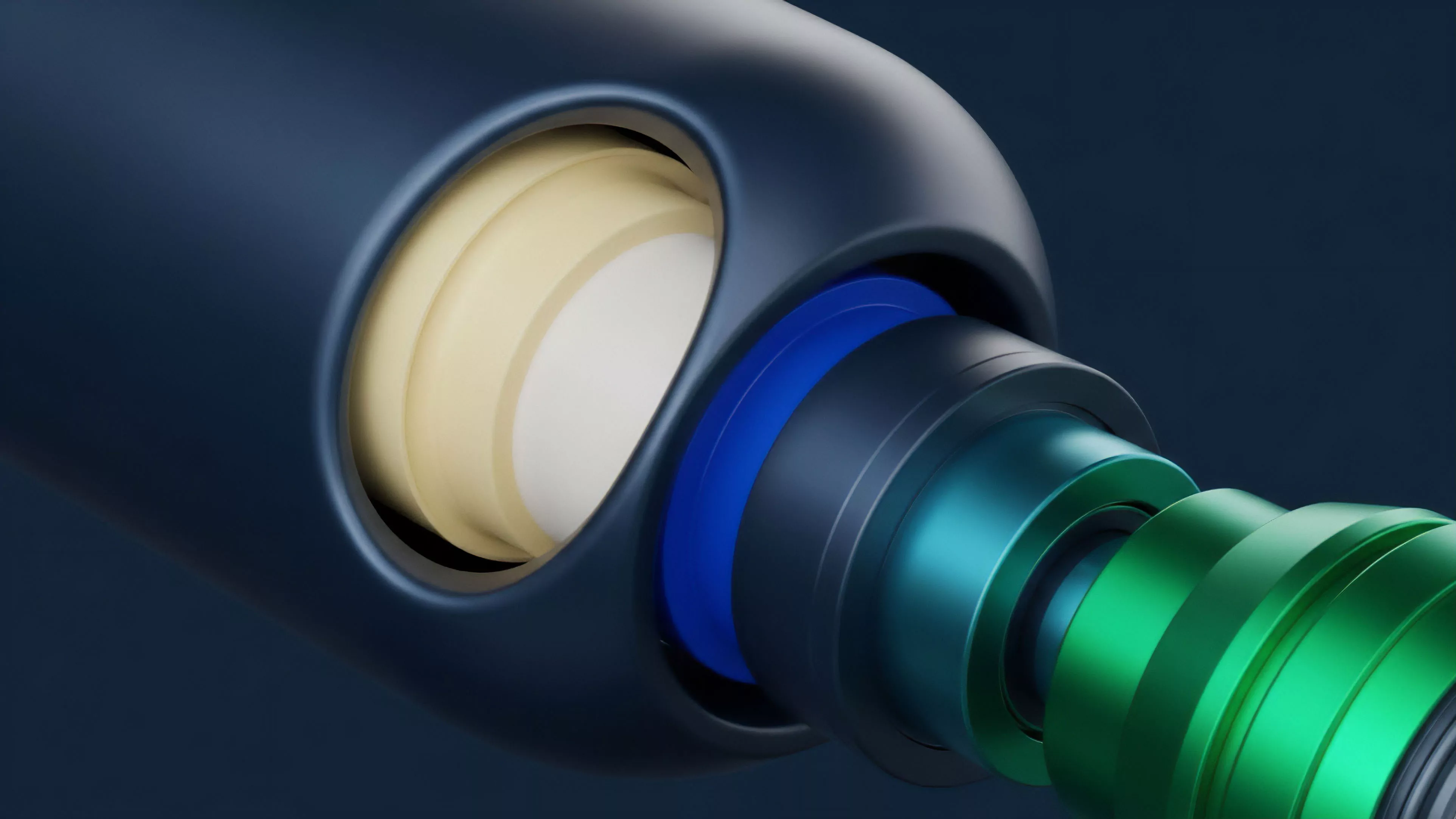 A detailed close-up shows a complex mechanical assembly featuring cylindrical and rounded components in dark blue, bright blue, teal, and vibrant green hues. The central element, with a high-gloss finish, extends from a dark casing, highlighting the precision fit of its interlocking parts