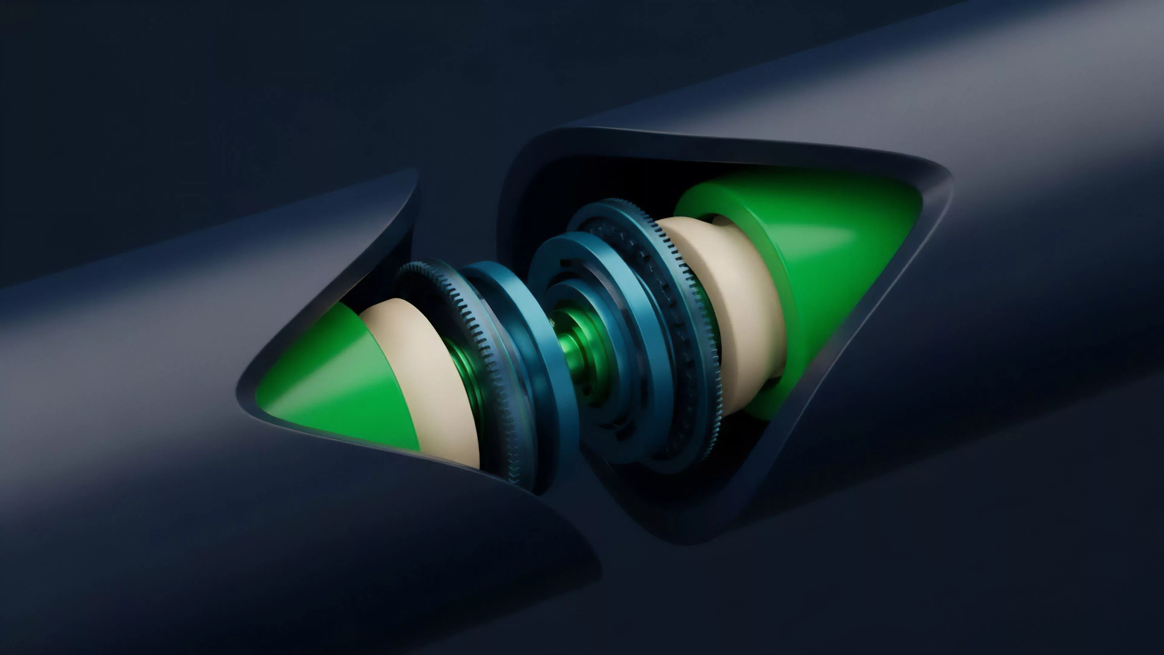 This abstract illustration shows a cross-section view of a complex mechanical joint, featuring two dark external casings that meet in the middle. The internal mechanism consists of green conical sections and blue gear-like rings