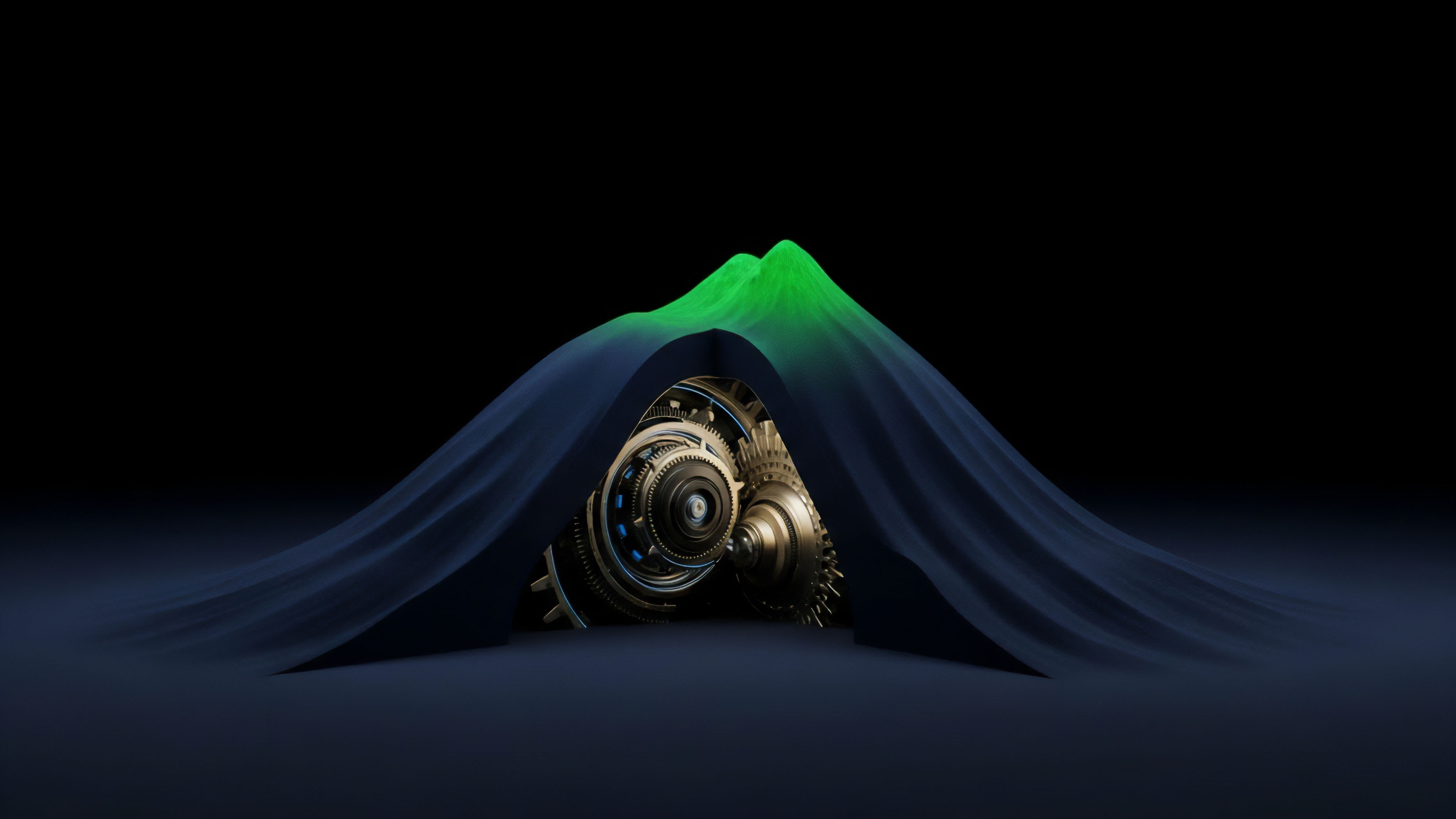 A complex metallic mechanism featuring intricate gears and cogs emerges from beneath a draped dark blue fabric, which forms an arch and culminates in a glowing green peak. This visual metaphor represents the intricate market microstructure of decentralized finance protocols. The underlying machinery symbolizes the algorithmic core and smart contract logic driving automated market making AMM and derivatives pricing. The green peak illustrates peak volatility and high gamma exposure, where underlying assets experience exponential price changes, impacting the vega and risk profile of options positions.