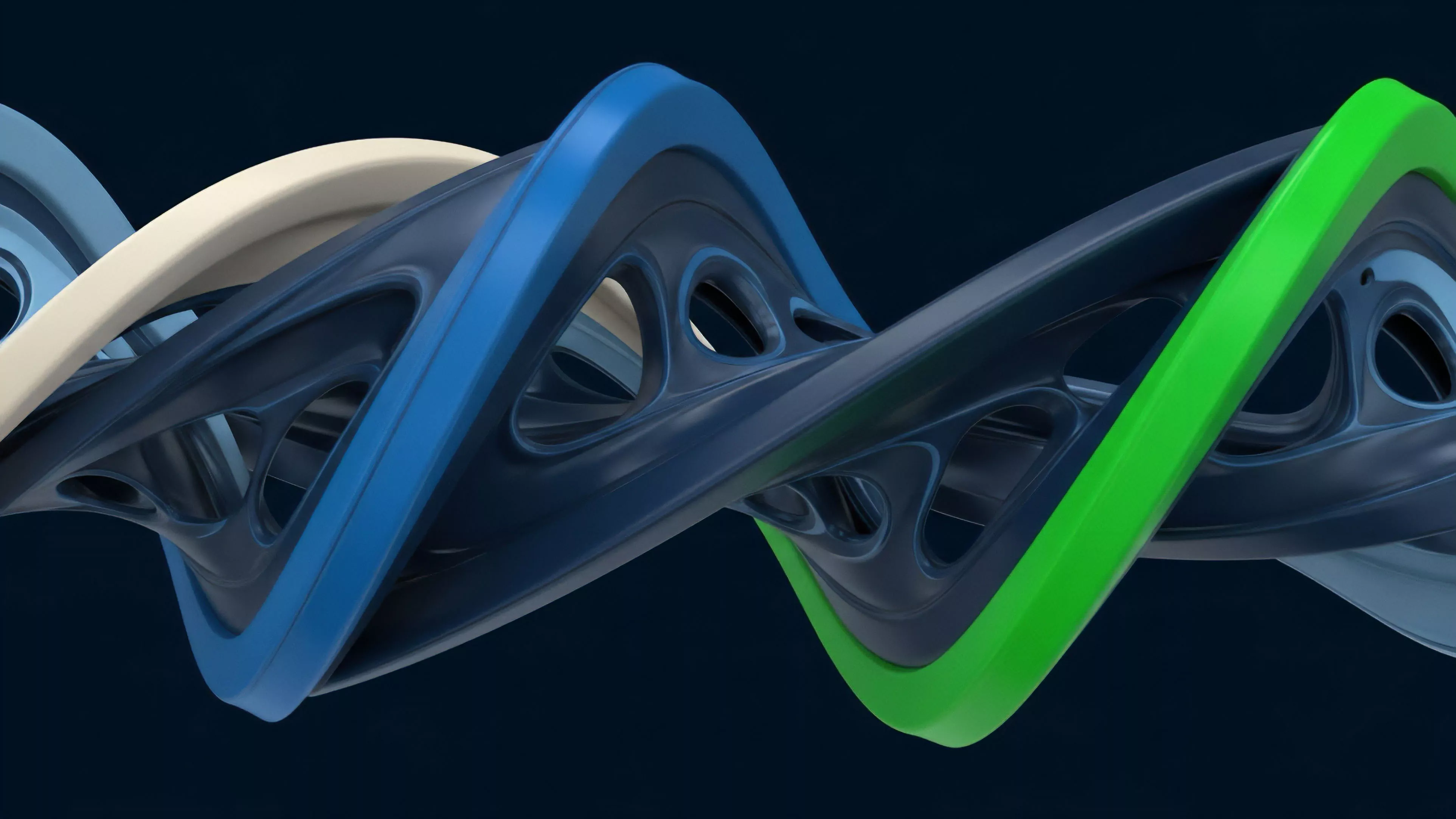 A digitally rendered structure featuring multiple intertwined strands in dark blue, light blue, cream, and vibrant green twists across a dark background. The main body of the structure has intricate cutouts and a polished, smooth surface finish