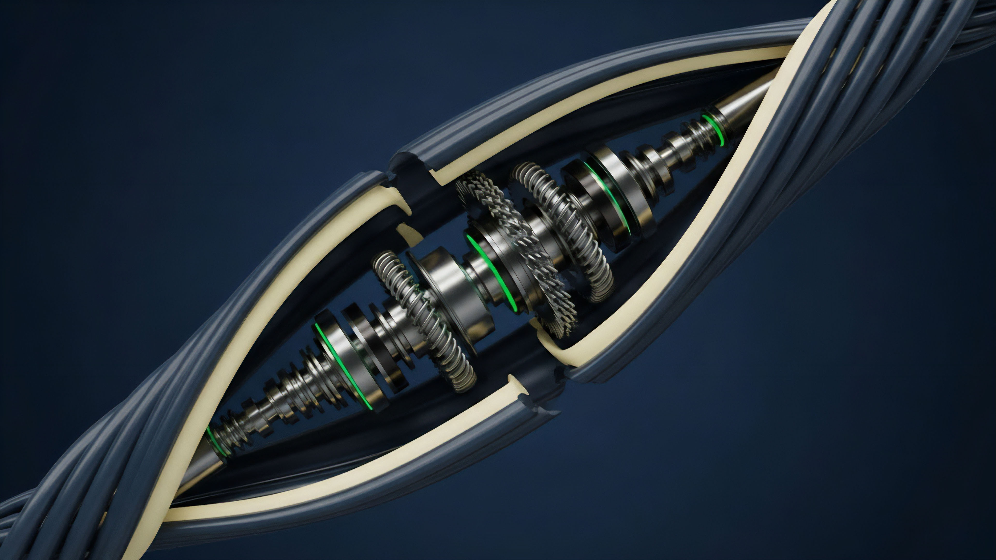 A detailed cross-section reveals the intricate internal mechanism of a twisted, layered cable structure. This structure conceptualizes the core logic of a decentralized finance DeFi derivatives platform. The precision metallic gears and shafts represent the automated market maker AMM engine, where smart contracts execute algorithmic execution and manage liquidity pools. Green accents indicate active risk parameters and collateralization layers. This visual metaphor illustrates the complex, deterministic mechanisms required for accurate pricing, efficient arbitrage prevention, and secure operation of a high-speed trading system on a blockchain network.