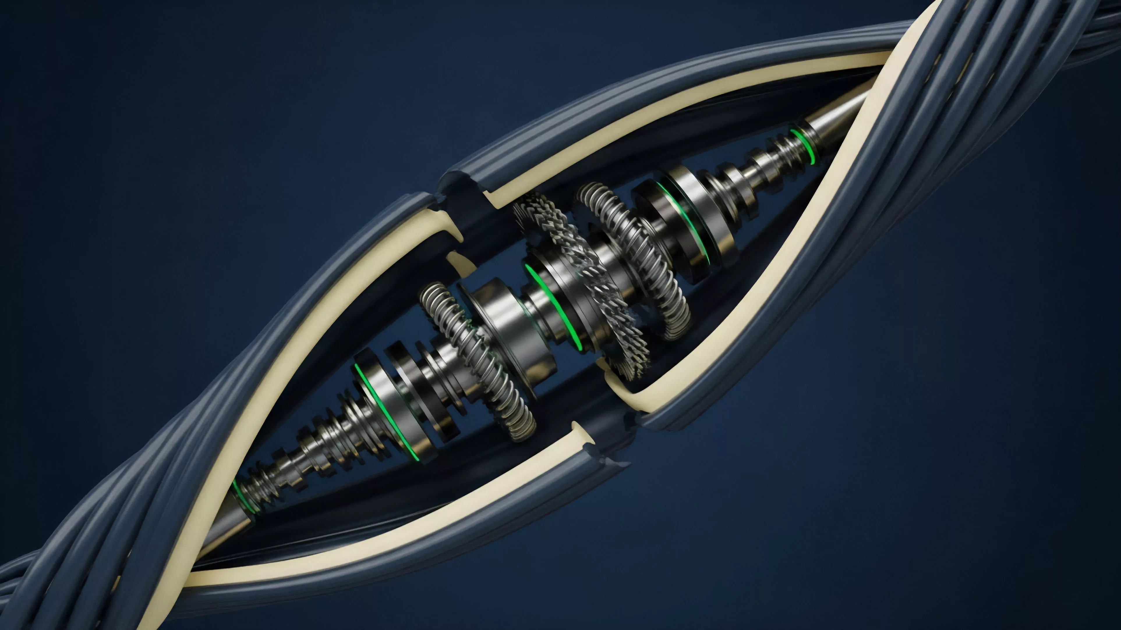 A close-up, cutaway illustration reveals the complex internal workings of a twisted multi-layered cable structure. Inside the outer protective casing, a central shaft with intricate metallic gears and mechanisms is visible, highlighted by bright green accents
