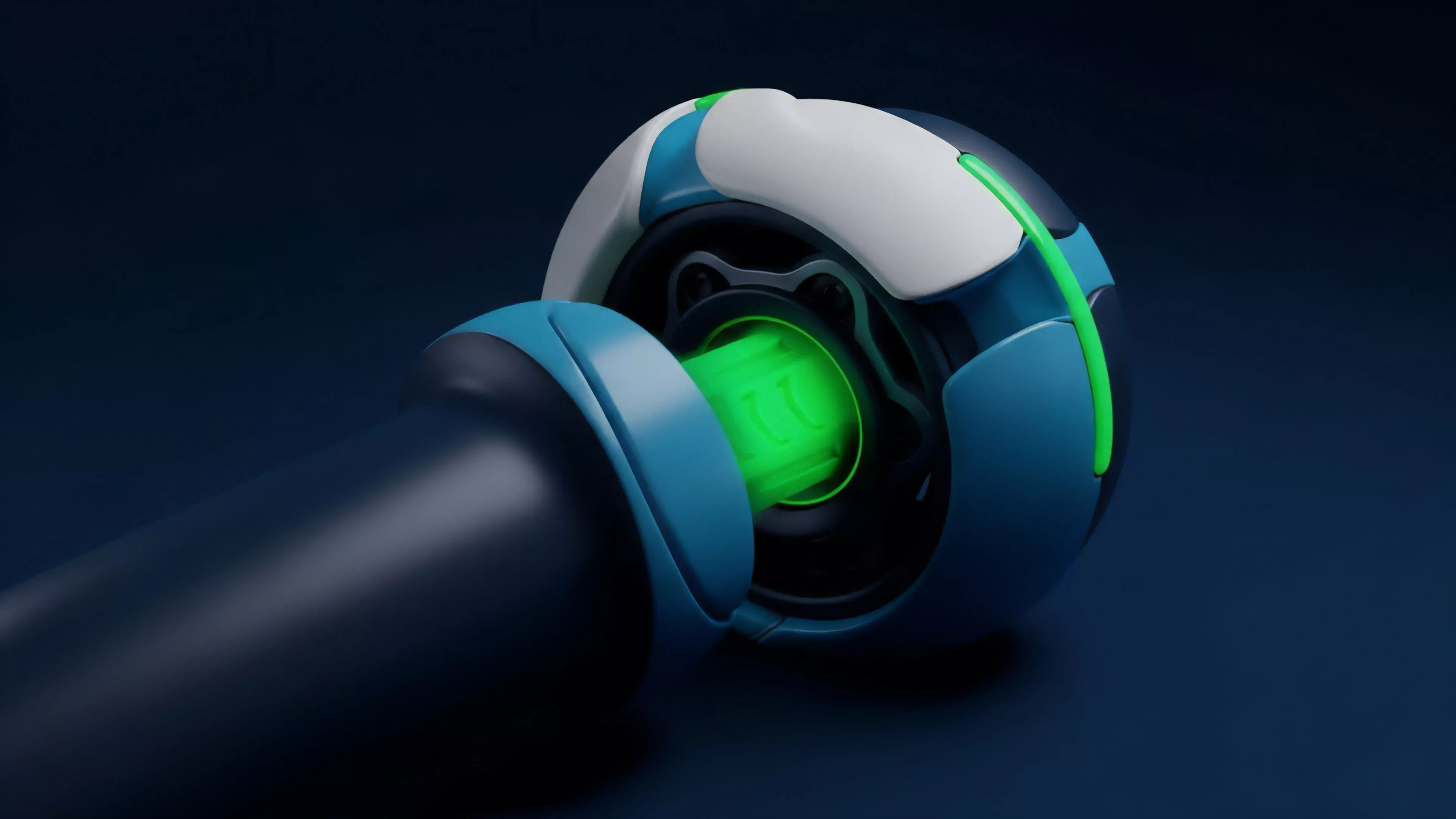 A futuristic device features a dark, cylindrical handle leading to a complex spherical head.