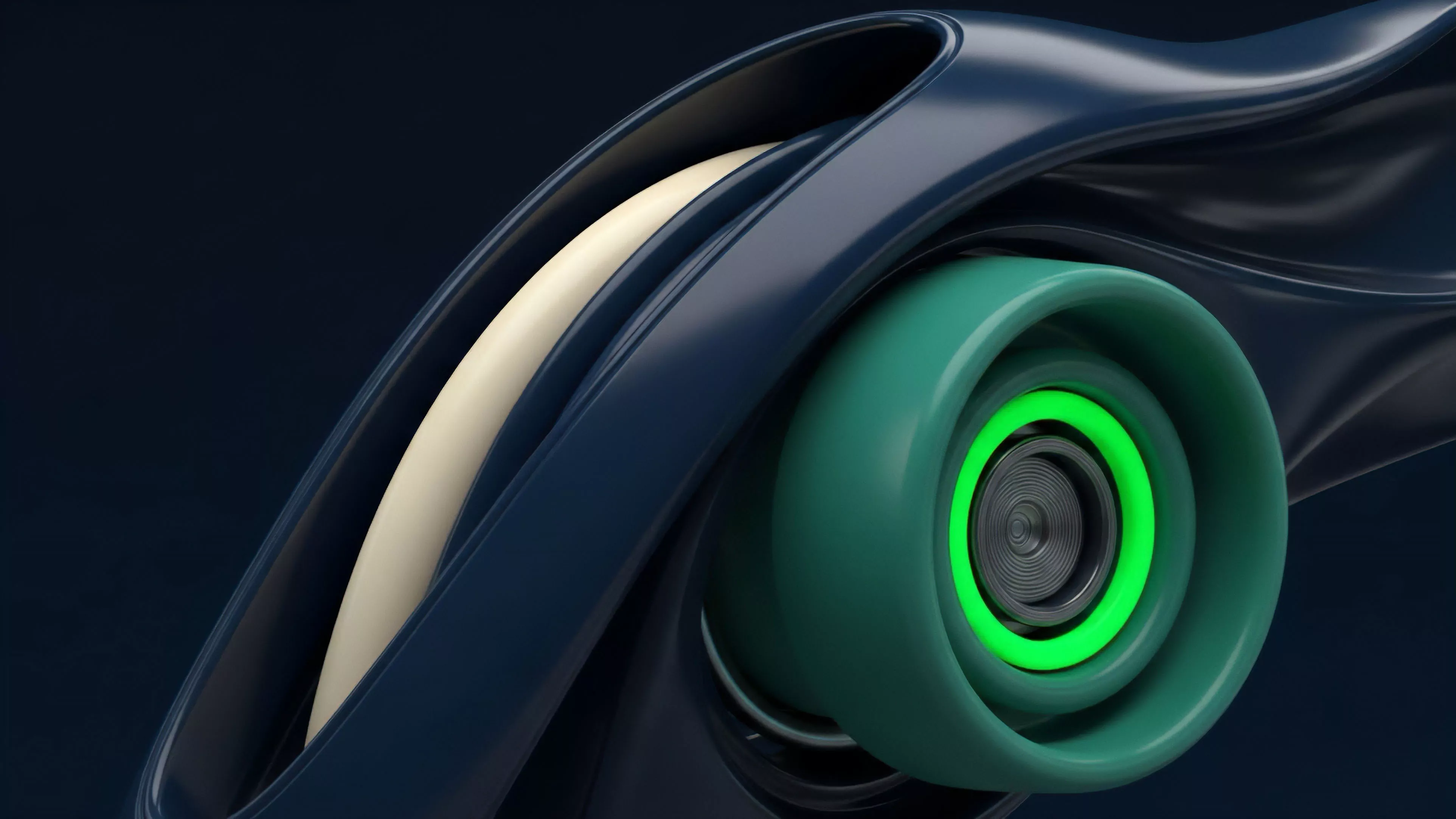 A futuristic, abstract mechanism featuring sleek, dark blue fluid architecture and a central green wheel-like component with a neon glow. The design symbolizes a high-precision decentralized finance protocol, where the blue structure represents the smart contract framework. The green element signifies real-time algorithmic execution of perpetual swaps, demonstrating active liquidity provision within a market-neutral strategy. The inner beige component represents collateral management, ensuring margin requirements are met and mitigating systemic risk within the dynamic derivatives market infrastructure.