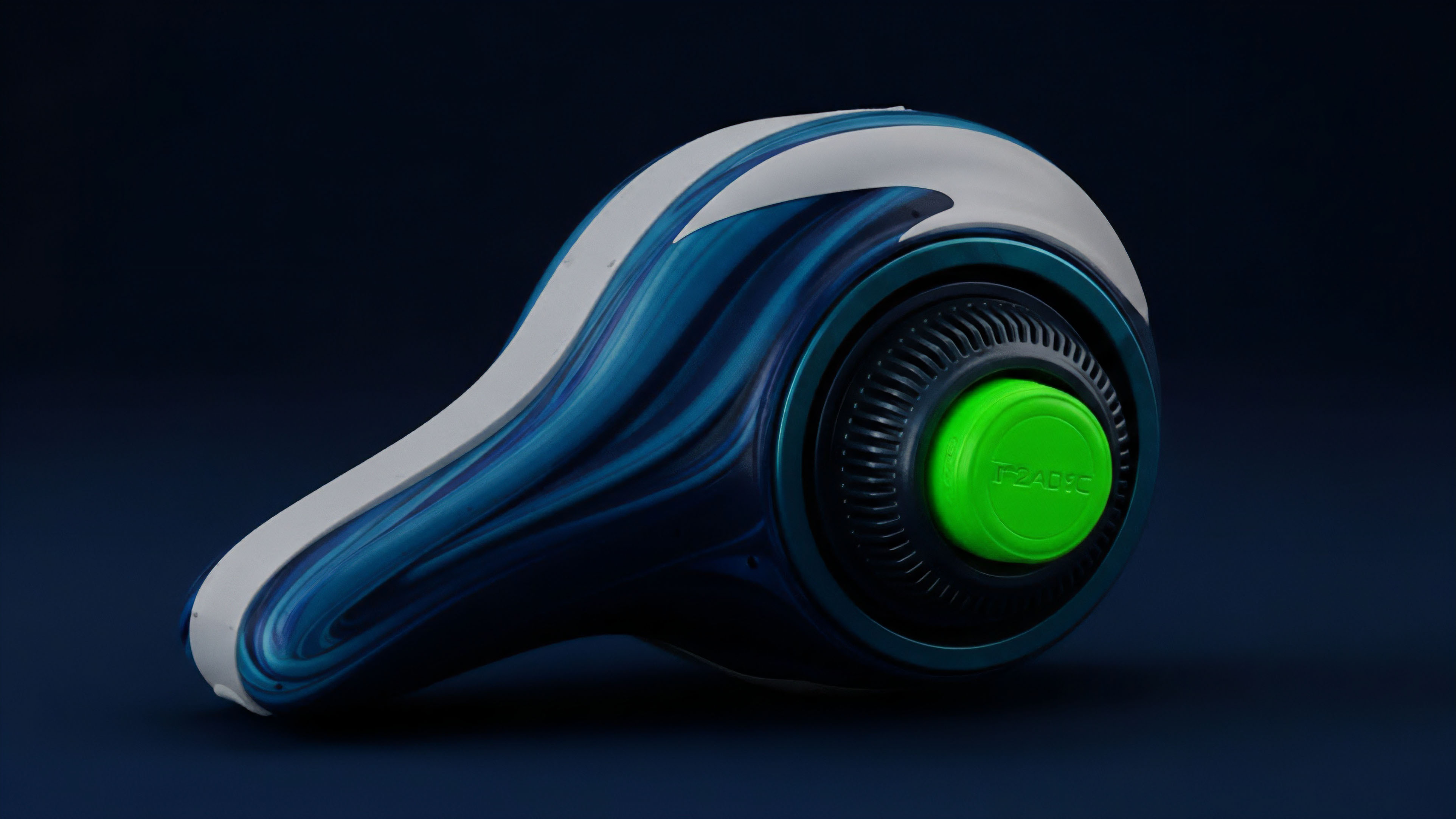 A futuristic device featuring a dynamic blue and white pattern symbolizes the fluid market microstructure of decentralized finance. This object represents an advanced interface for algorithmic trading strategies, where real-time data flow informs automated market makers AMMs and perpetual swap protocols. The bright green button signifies immediate smart contract execution, facilitating high-frequency trading and efficient price discovery. This design encapsulates the advanced financial engineering required for managing liquidity provision and risk through collateralized debt positions in a volatility-driven environment.