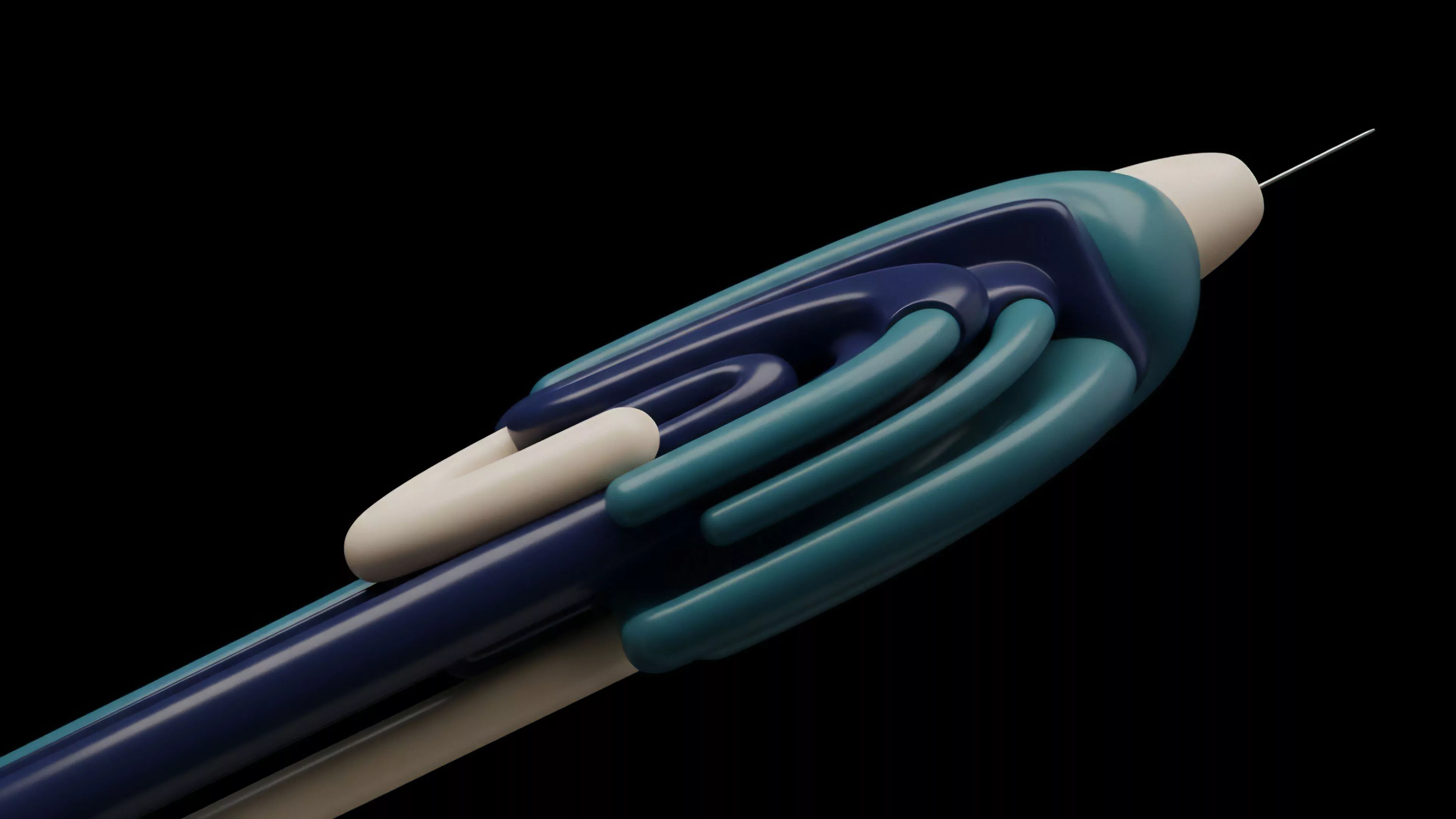 A high-angle close-up view shows a futuristic, pen-like instrument with a complex ergonomic grip. The body features interlocking, flowing components in dark blue and teal, terminating in an off-white base from which a sharp metal tip extends