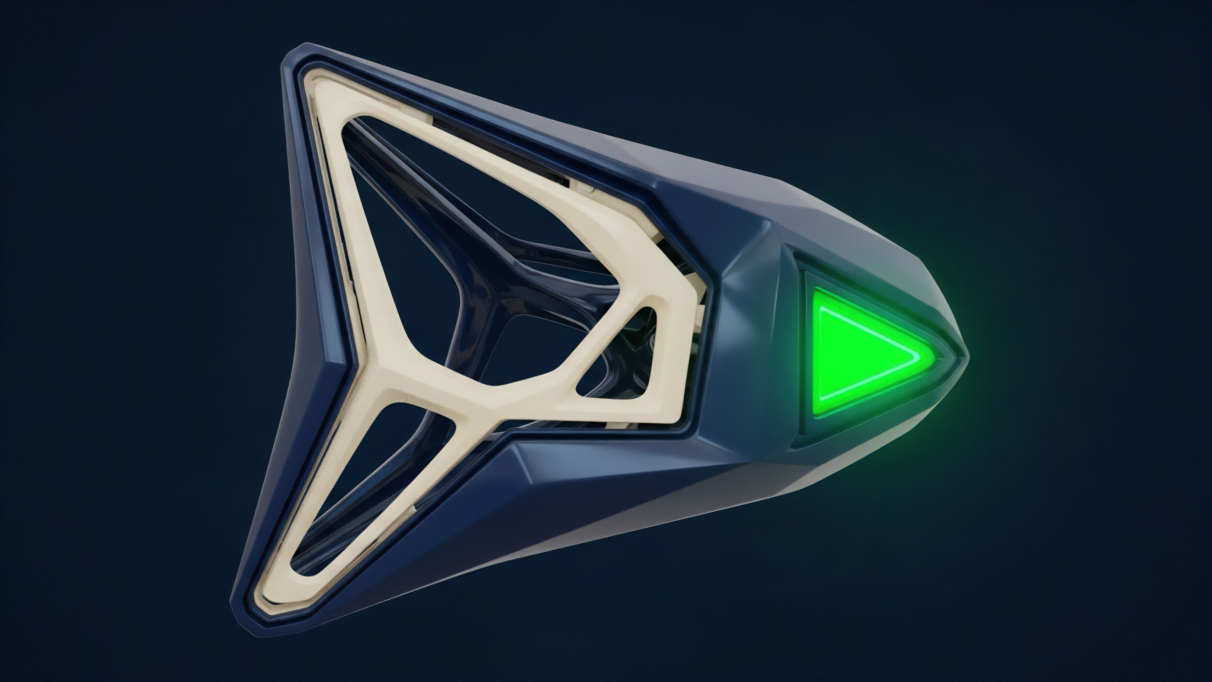 A futuristic, asymmetric object rendered against a dark blue background. The core structure is defined by a deep blue casing and a light beige internal frame. The focal point is a bright green glowing triangle at the front, indicating activation or directional flow. This visual represents a high-frequency trading HFT module initiating an arbitrage opportunity based on real-time oracle data feeds. The structure symbolizes a decentralized autonomous organization DAO managing a liquidity pool or executing complex options contracts. The glowing triangle signifies the instantaneous execution of a smart contract function, ensuring low latency in a Layer 2 scaling solution environment.