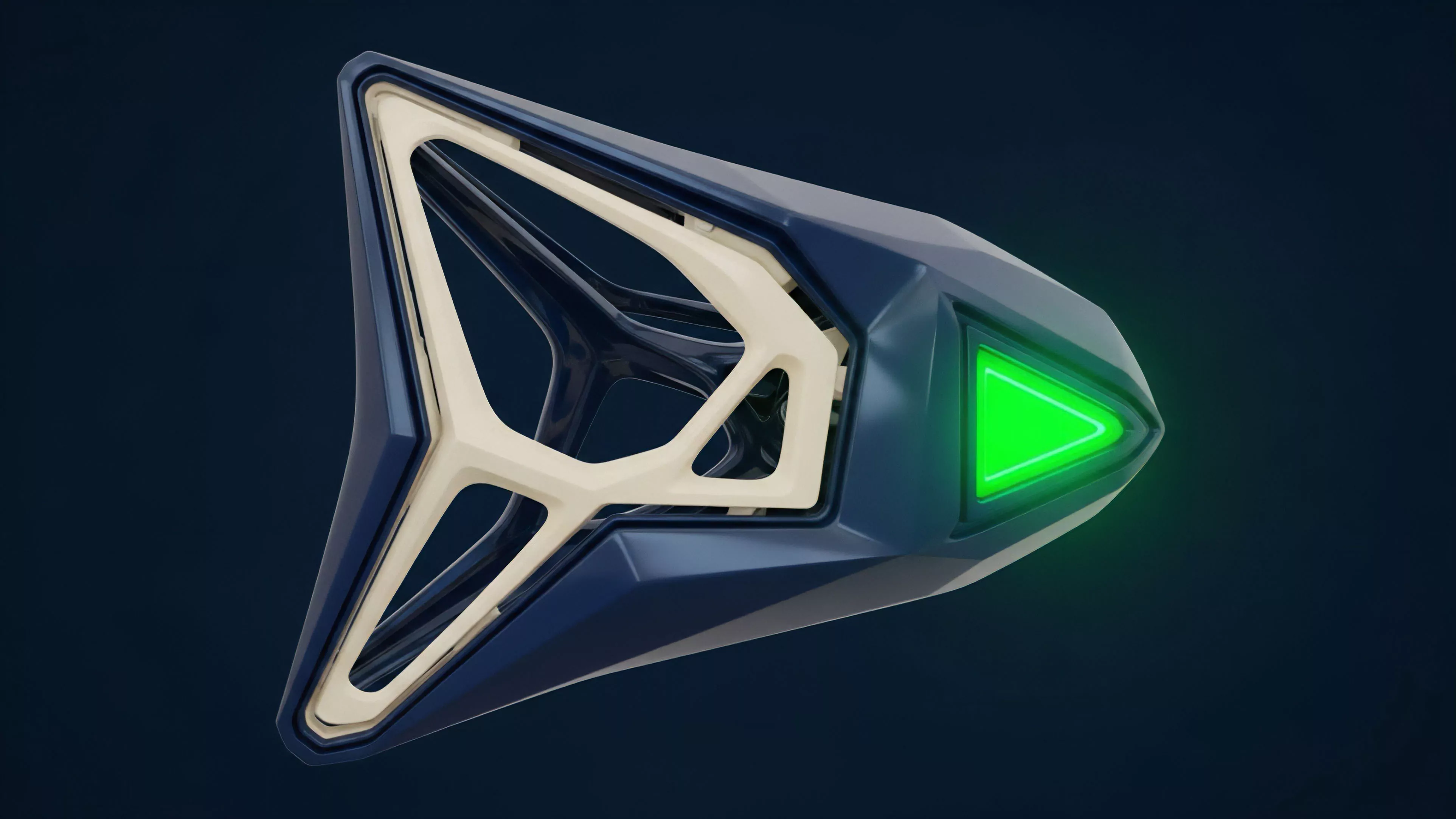 A futuristic, asymmetric object rendered against a dark blue background. The core structure is defined by a deep blue casing and a light beige internal frame. The focal point is a bright green glowing triangle at the front, indicating activation or directional flow. This visual represents a high-frequency trading HFT module initiating an arbitrage opportunity based on real-time oracle data feeds. The structure symbolizes a decentralized autonomous organization DAO managing a liquidity pool or executing complex options contracts. The glowing triangle signifies the instantaneous execution of a smart contract function, ensuring low latency in a Layer 2 scaling solution environment.