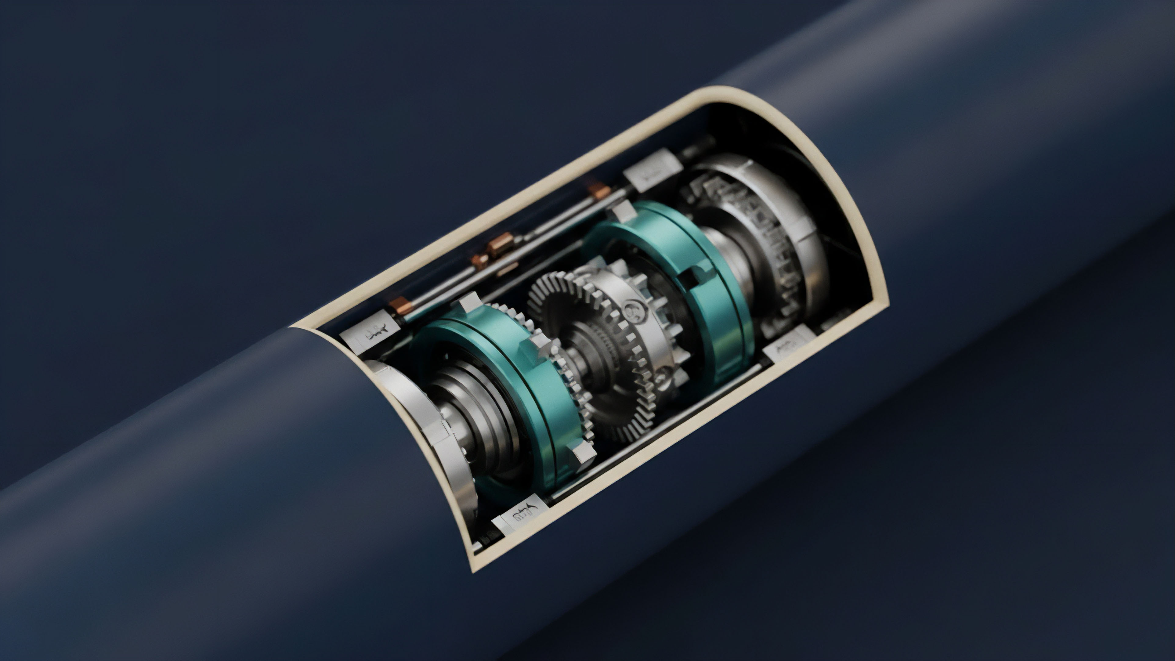 A cutaway perspective reveals the internal components of a cylindrical object, showing precision-machined gears, shafts, and bearings encased within a blue housing. The intricate mechanical assembly highlights an automated system designed for precise operation