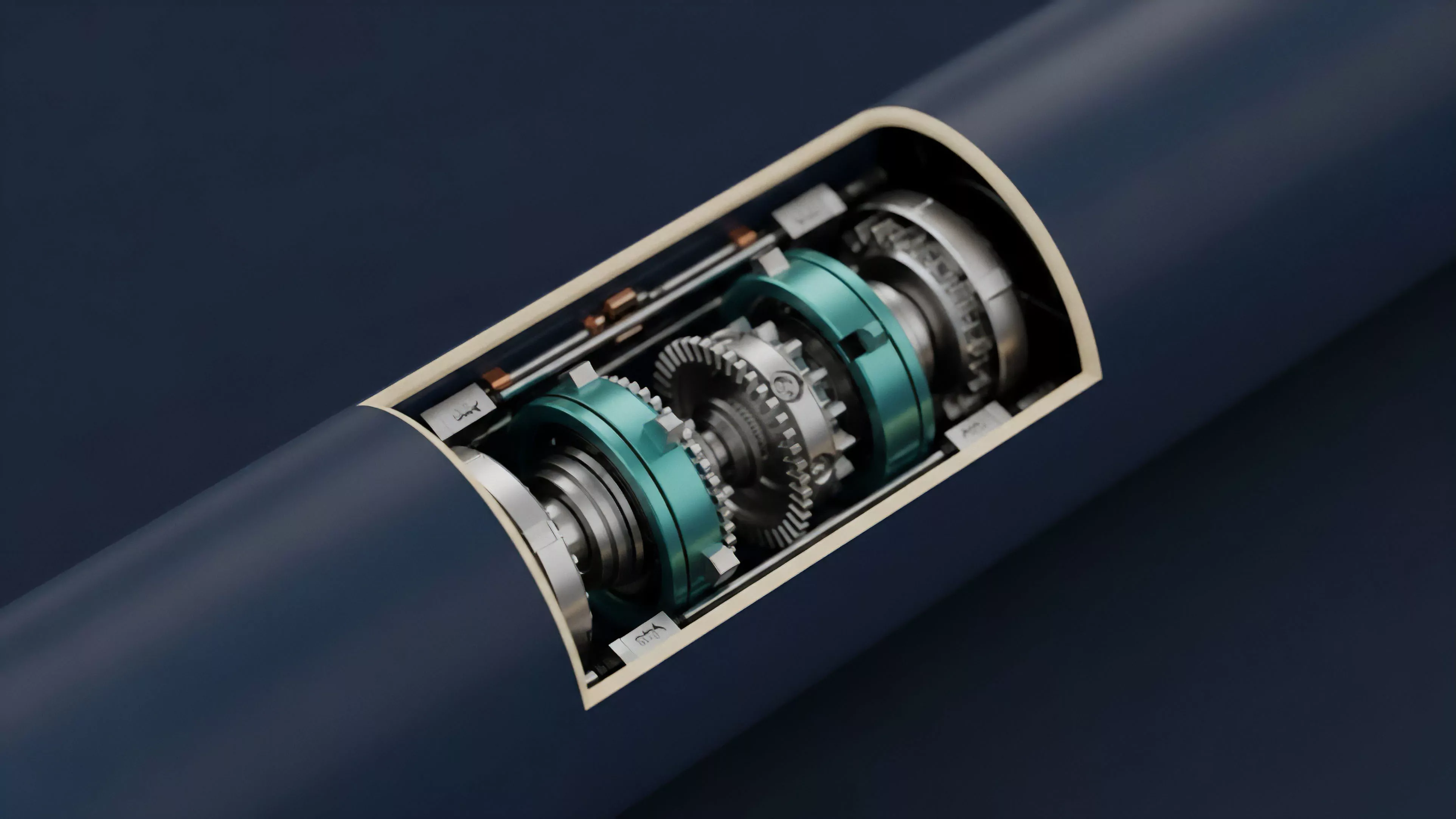 A cutaway perspective reveals the internal components of a cylindrical object, showing precision-machined gears, shafts, and bearings encased within a blue housing. The intricate mechanical assembly highlights an automated system designed for precise operation