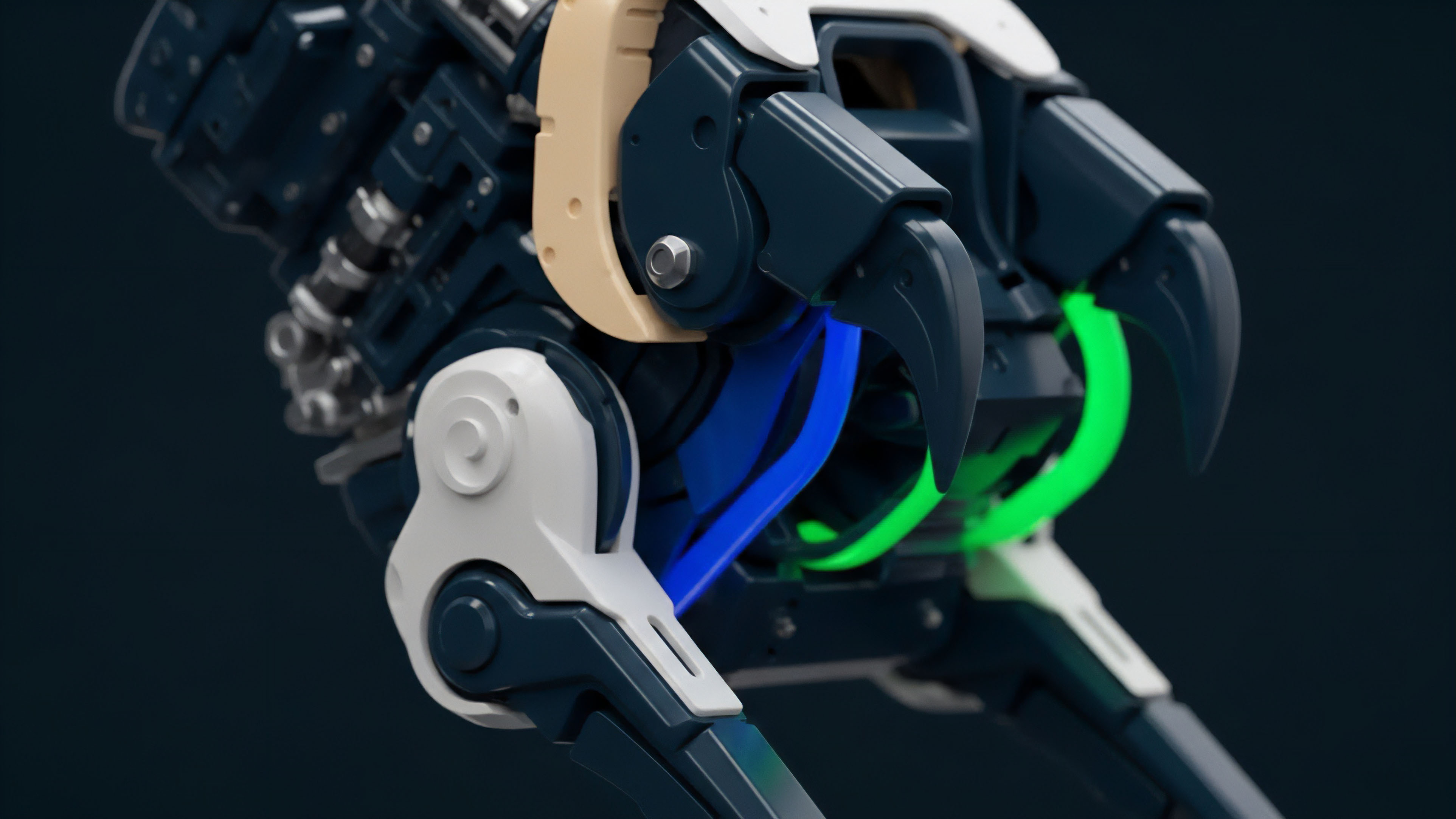 A close-up view shows a sophisticated mechanical structure, likely a robotic appendage, featuring dark blue and white plating. Within the mechanism, vibrant blue and green glowing elements are visible, suggesting internal energy or data flow