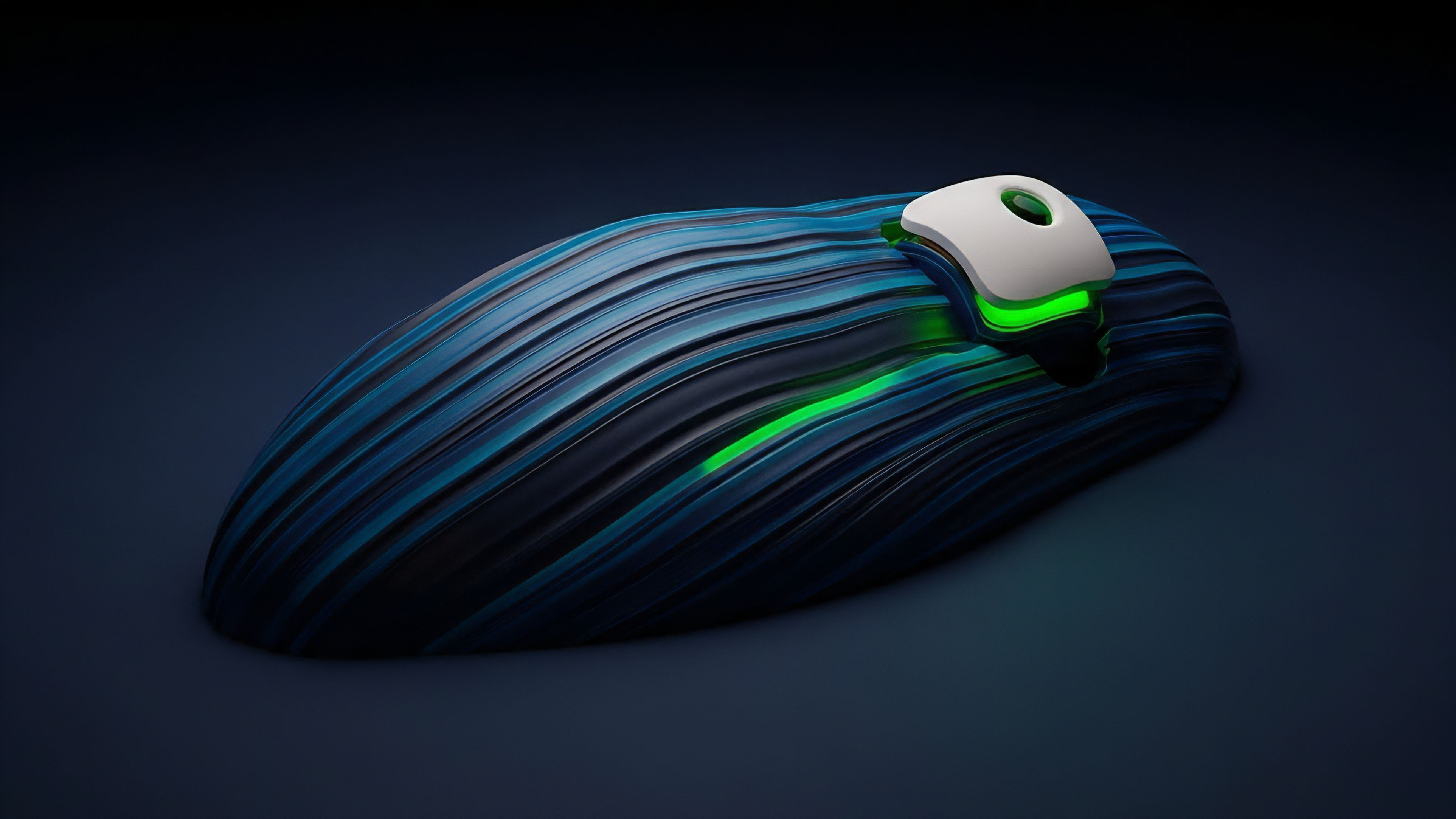 A specialized input device featuring a white control surface on a textured, flowing body of deep blue and black lines. The fluid lines represent continuous market dynamics and liquidity provision in decentralized finance. A vivid green light emanates from beneath the control surface, symbolizing high-speed algorithmic execution and successful arbitrage opportunity capture. This design reflects the complex market microstructure and the precision required for navigating derivative instruments and optimizing automated market maker strategies through smart contract protocols.