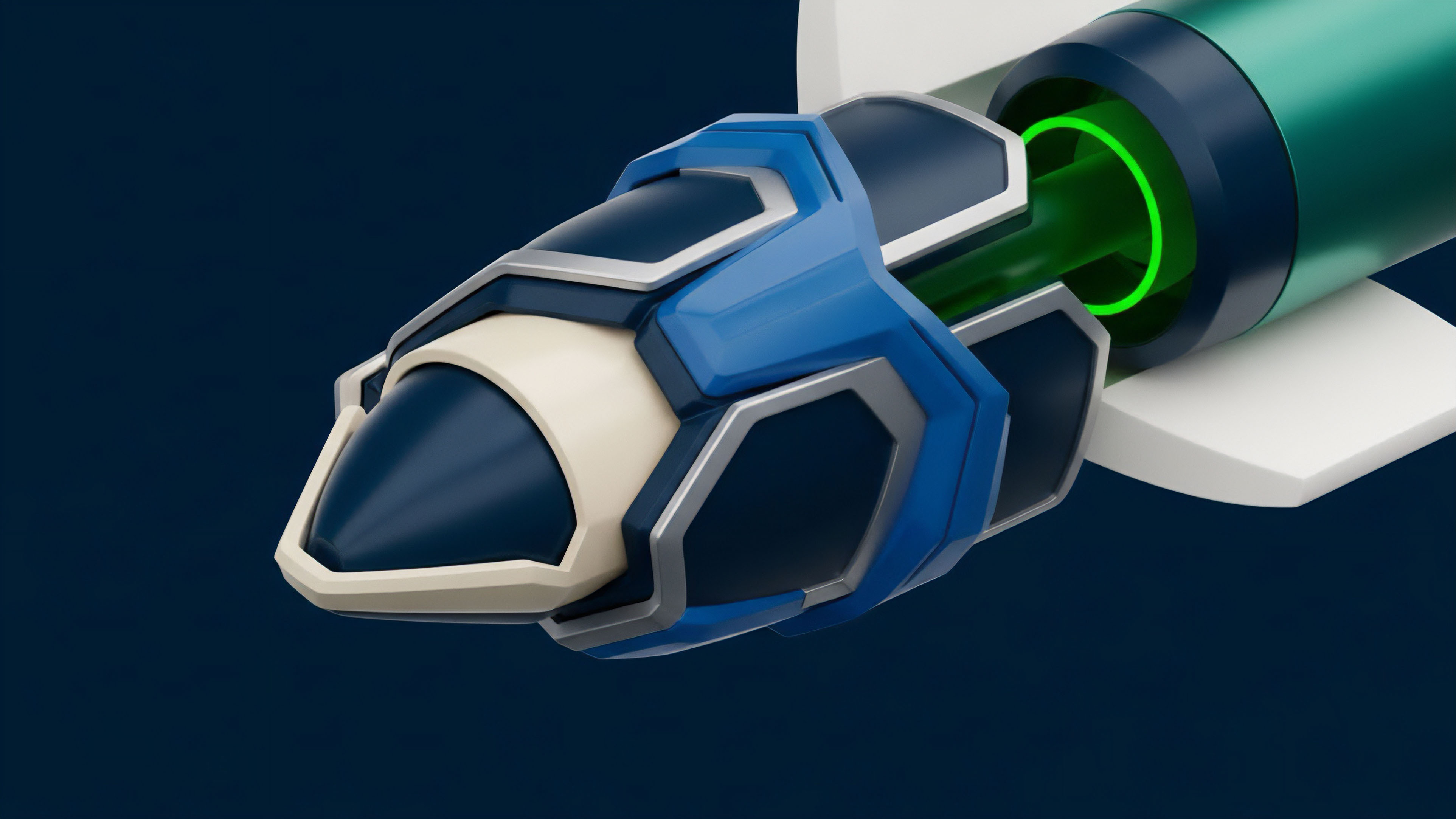 A high-tech component featuring dark blue and light beige plating with silver accents. At its base, a green glowing ring indicates activation. This mechanism visualizes a complex smart contract execution engine for decentralized options. The multi-layered structure represents robust risk mitigation strategies and dynamic adjustments to collateralization ratios. The green light indicates a trigger event like options expiration or successful execution of a delta hedging strategy in an automated market maker environment, ensuring protocol stability against liquidation thresholds for synthetic assets.