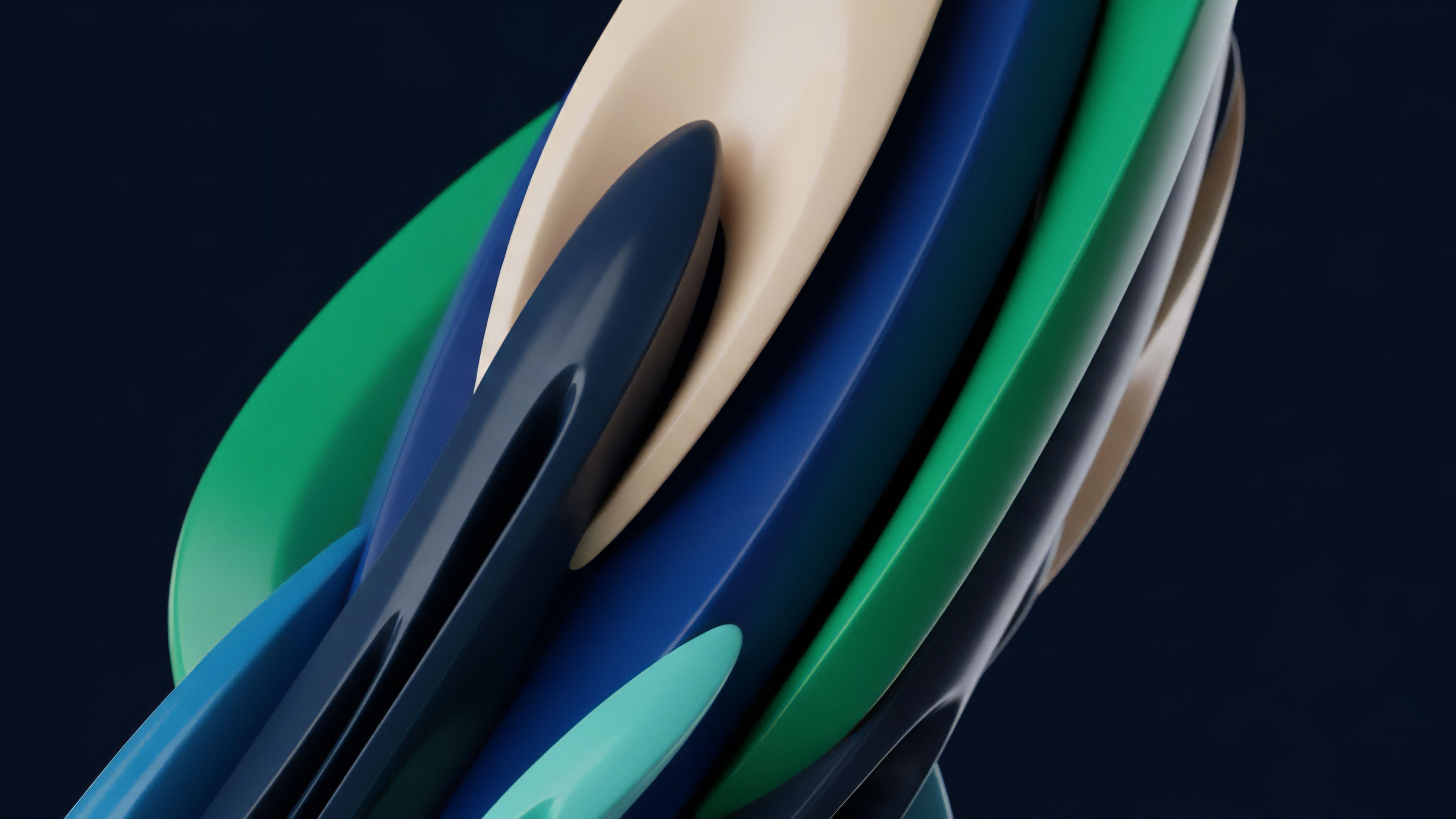 The image displays an abstract visualization of layered, twisting shapes in various colors, including deep blue, light blue, green, and beige, against a dark background. The forms intertwine, creating a sense of dynamic motion and complex structure