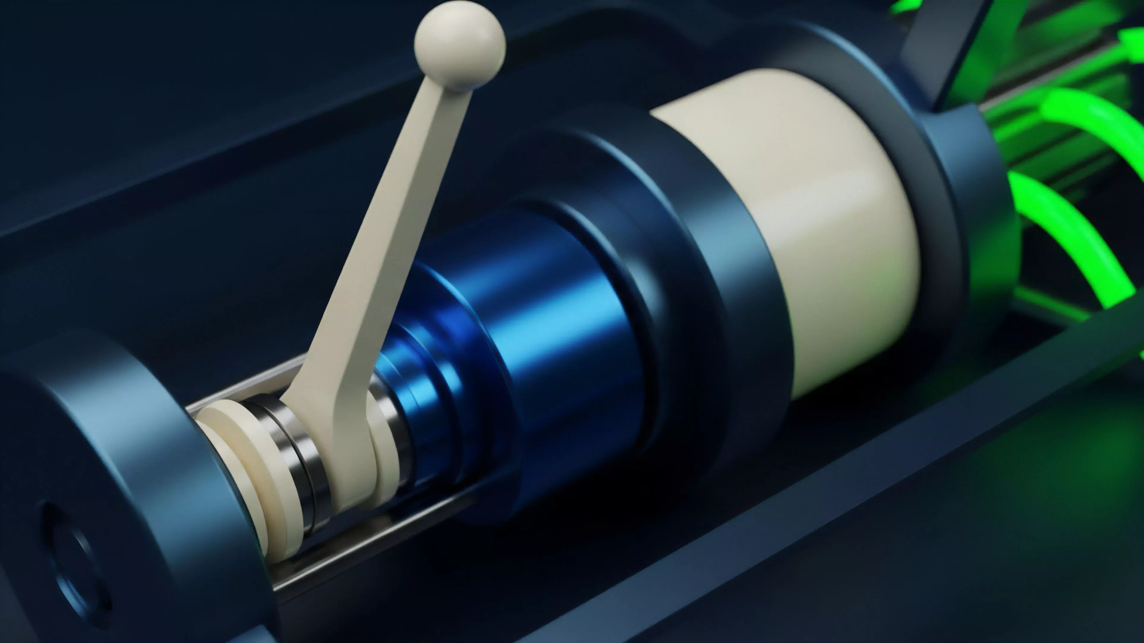 A close-up view captures a sophisticated mechanical assembly, featuring a cream-colored lever connected to a dark blue cylindrical component. The assembly is set against a dark background, with glowing green light visible in the distance