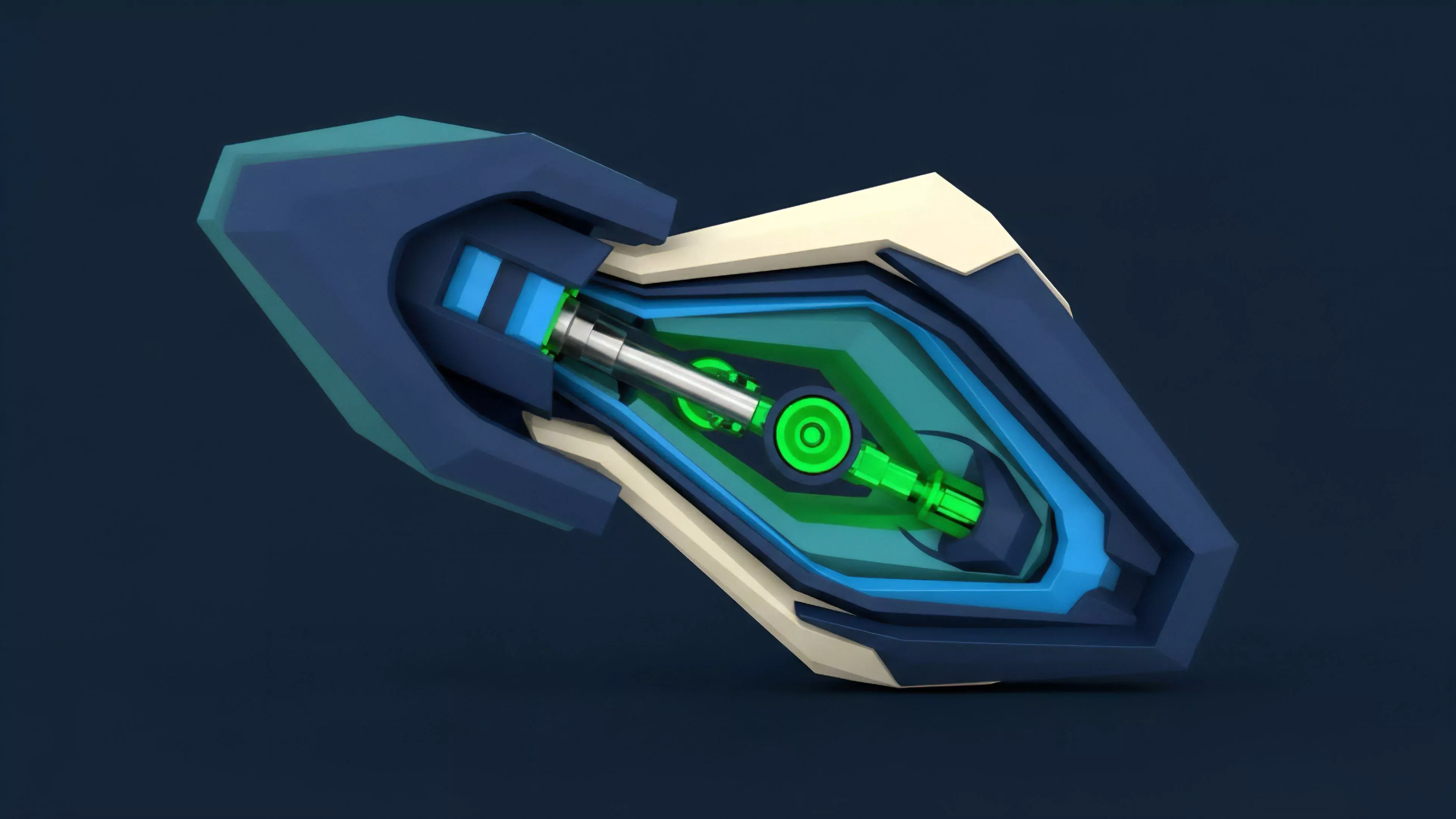 A high-resolution 3D render displays an intricate, futuristic mechanical component, primarily in deep blue, cyan, and neon green, against a dark background. The central element features a silver rod and glowing green internal workings housed within a layered, angular structure