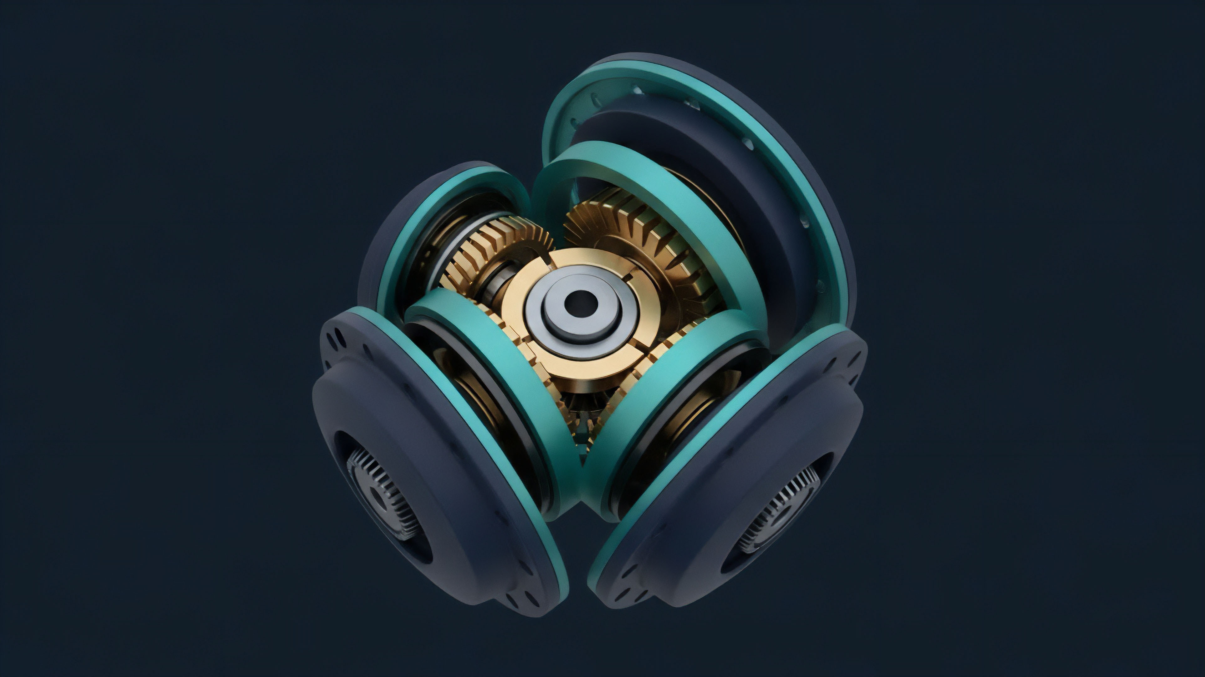 A detailed digital rendering showcases a complex mechanical device composed of interlocking gears and segmented, layered components. The core features brass and silver elements, surrounded by teal and dark blue casings