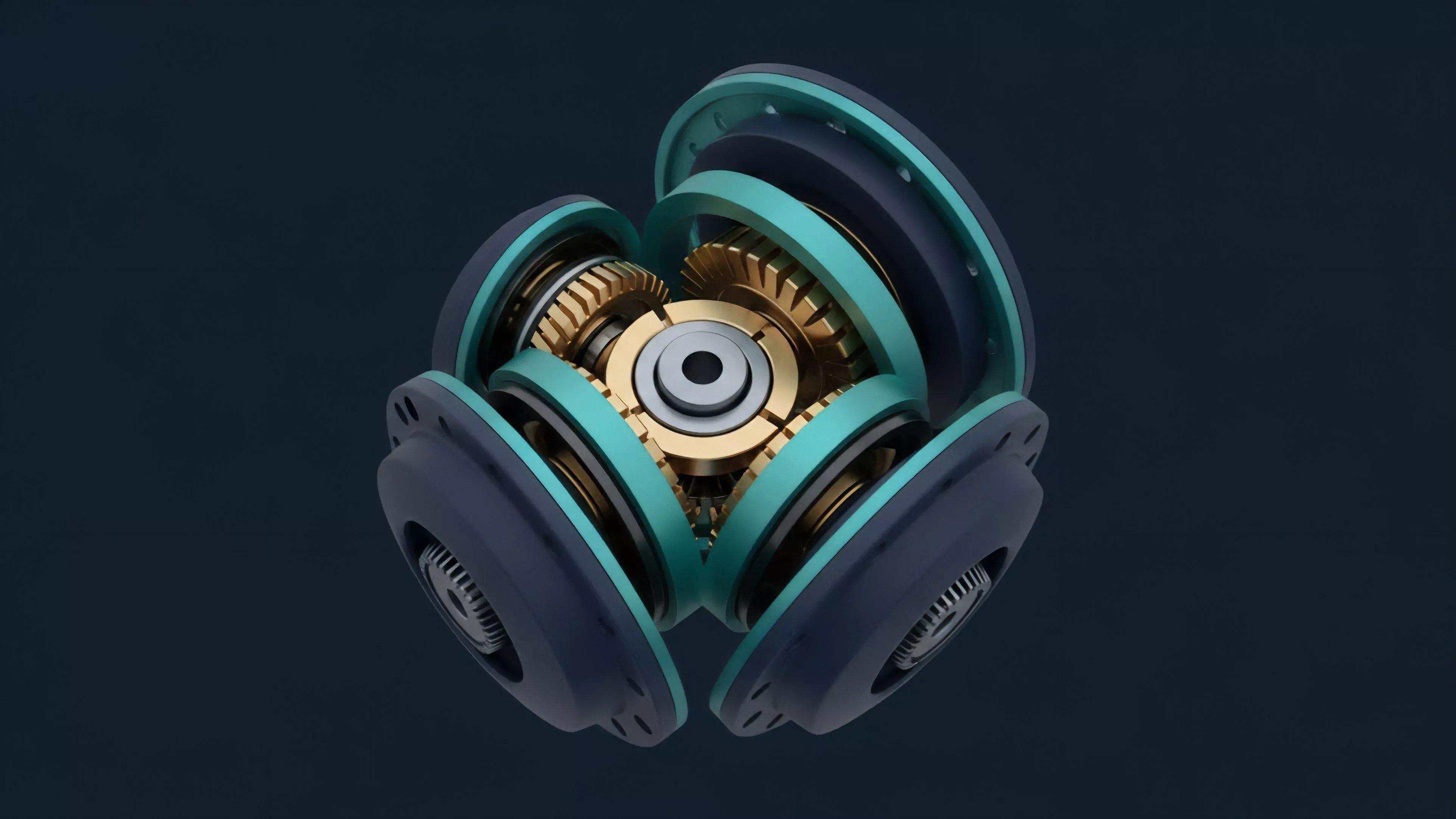 A detailed digital rendering showcases a complex mechanical device composed of interlocking gears and segmented, layered components. The core features brass and silver elements, surrounded by teal and dark blue casings