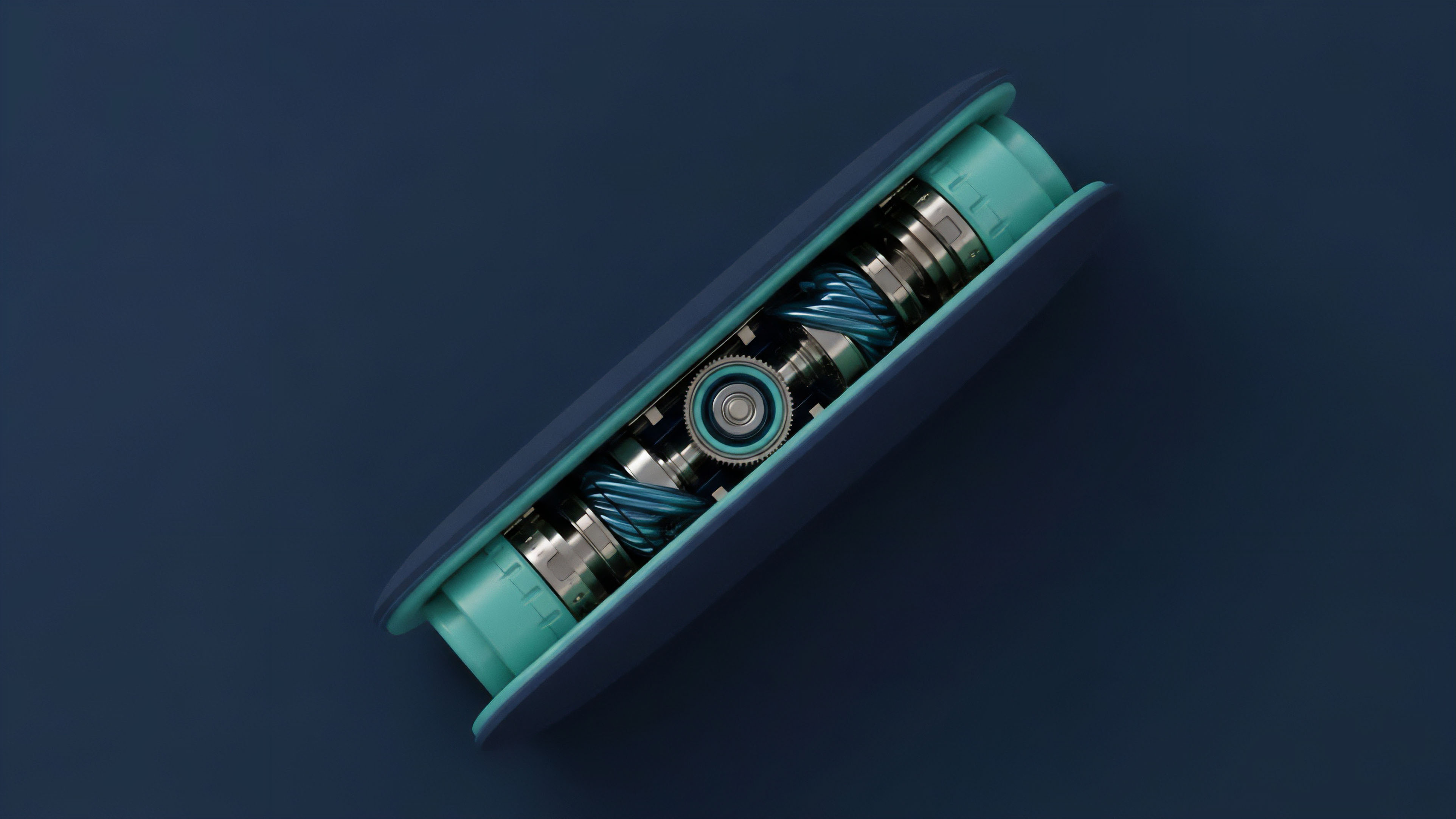 A high-tech mechanism with a central gear and two helical structures encased in a dark blue and teal housing. The design visually interprets an algorithmic stablecoin's functionality, where the central pivot point represents the oracle feed determining the collateralization ratio. The helical structures symbolize the dynamic tension of market volatility compression, illustrating how decentralized finance protocols manage risk. This configuration reflects the complex calculations required for basis trading and synthetic asset creation on an automated market maker.