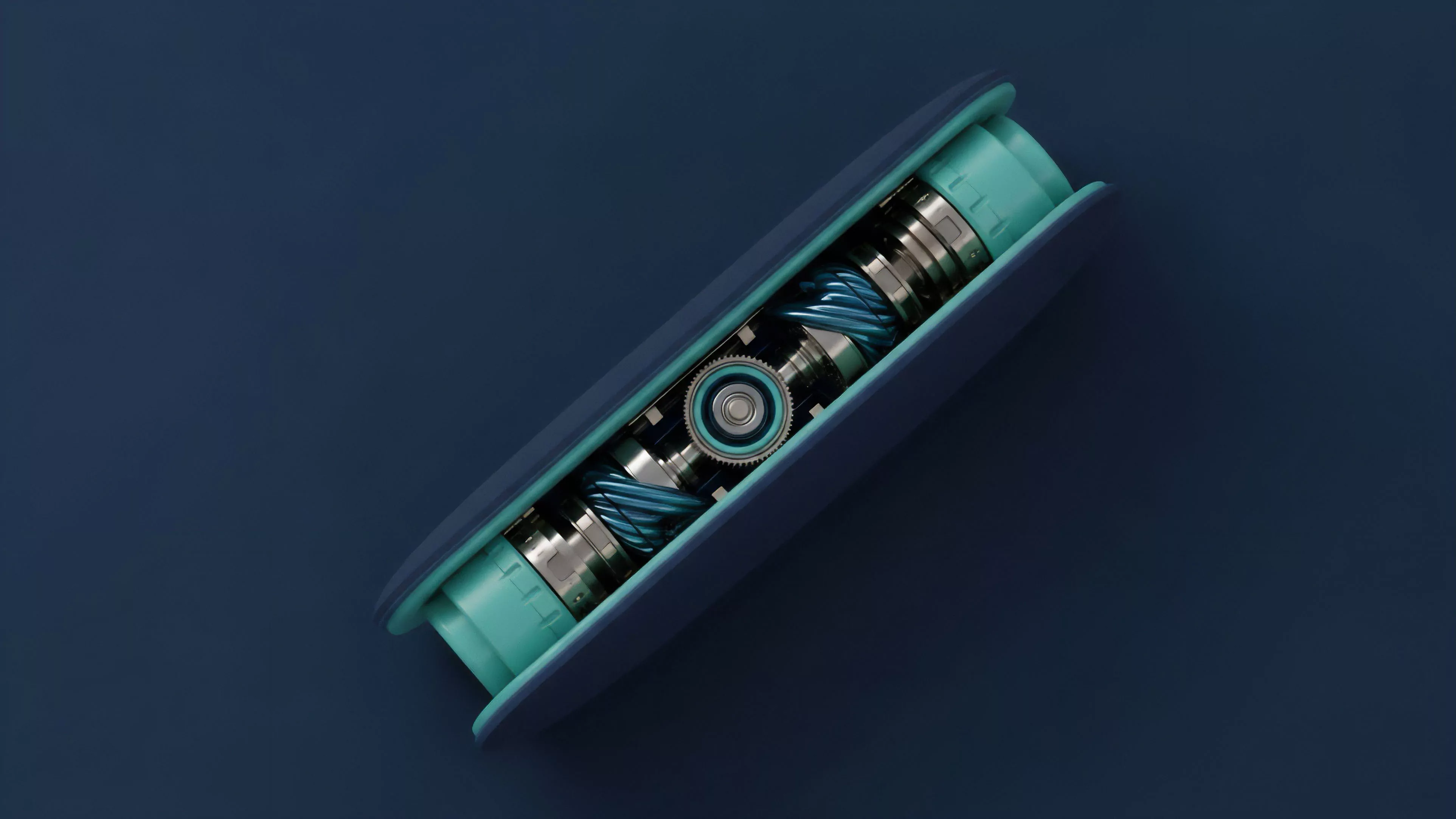 A close-up view shows a sophisticated mechanical component, featuring a central gear mechanism surrounded by two prominent helical-shaped elements, all housed within a sleek dark blue frame with teal accents. The clean, minimalist design highlights the intricate details of the internal workings against a solid dark background