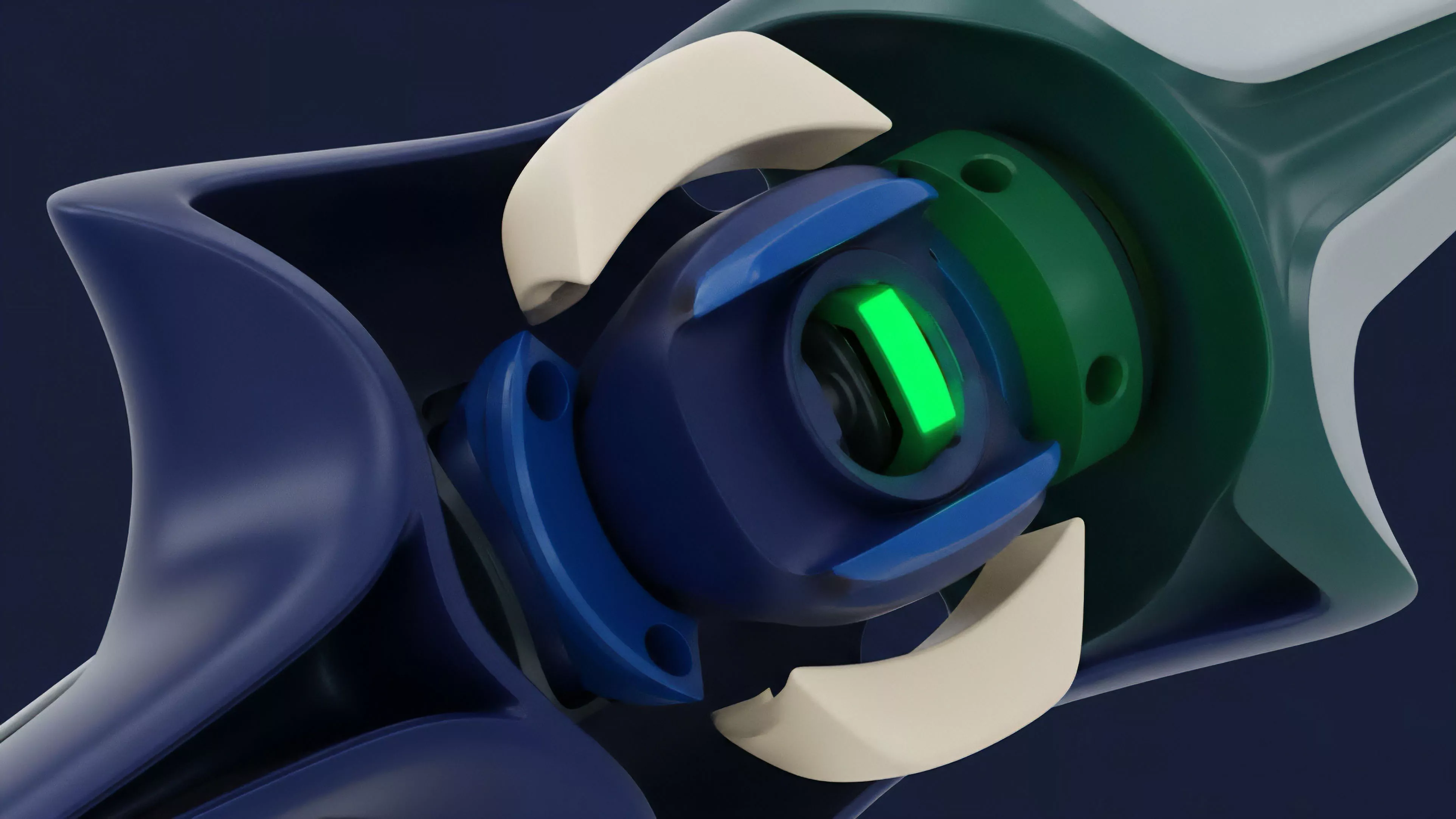 The image displays a close-up render of an advanced, multi-part mechanism, featuring deep blue, cream, and green components interlocked around a central structure with a glowing green core. The design elements suggest high-precision engineering and fluid movement between parts