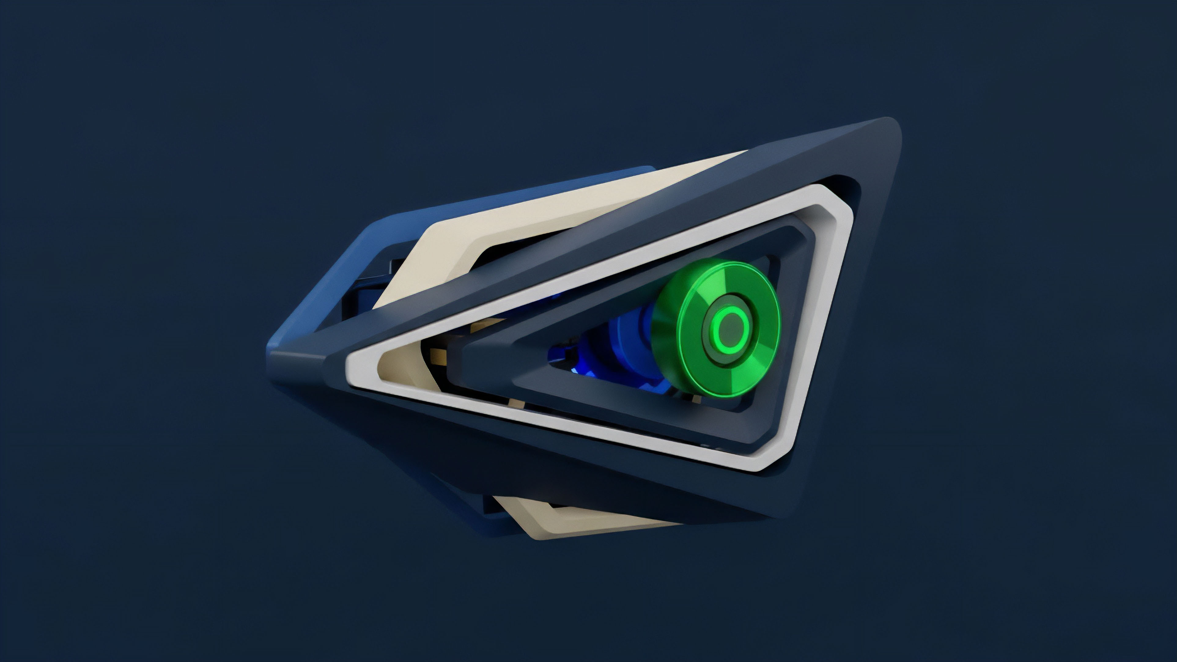 The image displays a close-up of a modern, angular device with a predominant blue and cream color palette. A prominent green circular element, resembling a sophisticated sensor or lens, is set within a complex, dark-framed structure