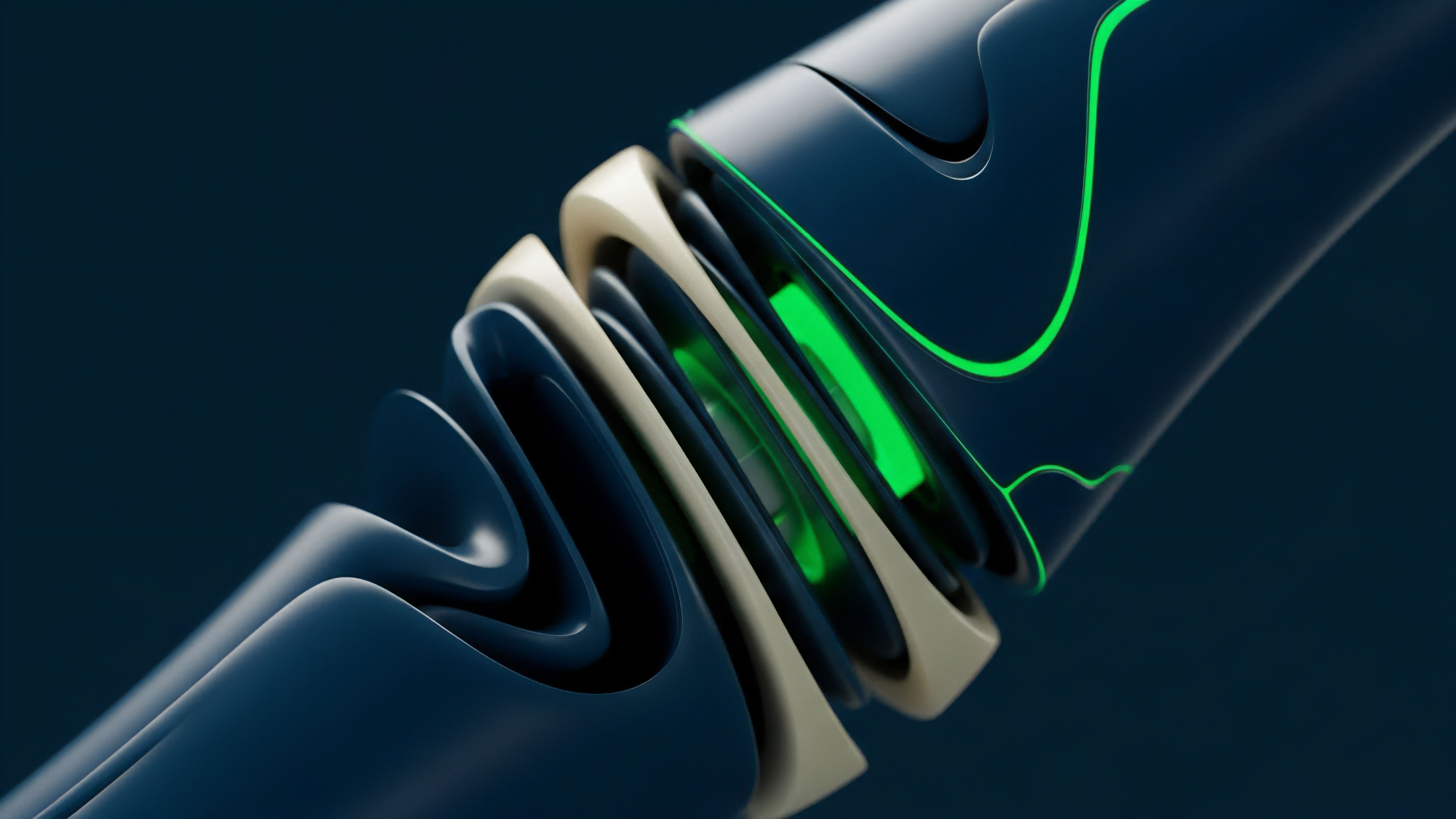 A macro abstract digital rendering showcases dark blue flowing surfaces meeting at a glowing green core, representing dynamic data streams in decentralized finance. This mechanism visualizes smart contract execution and transaction validation processes within a liquidity protocol. The complex structure symbolizes network interoperability and the secure transmission of oracle data feeds, critical for algorithmic trading strategies. The interaction points represent risk assessment mechanisms and efficient asset management, reflecting the intricate operations of financial derivatives and yield farming applications. This abstract depiction captures the essence of continuous data flow and protocol automation.