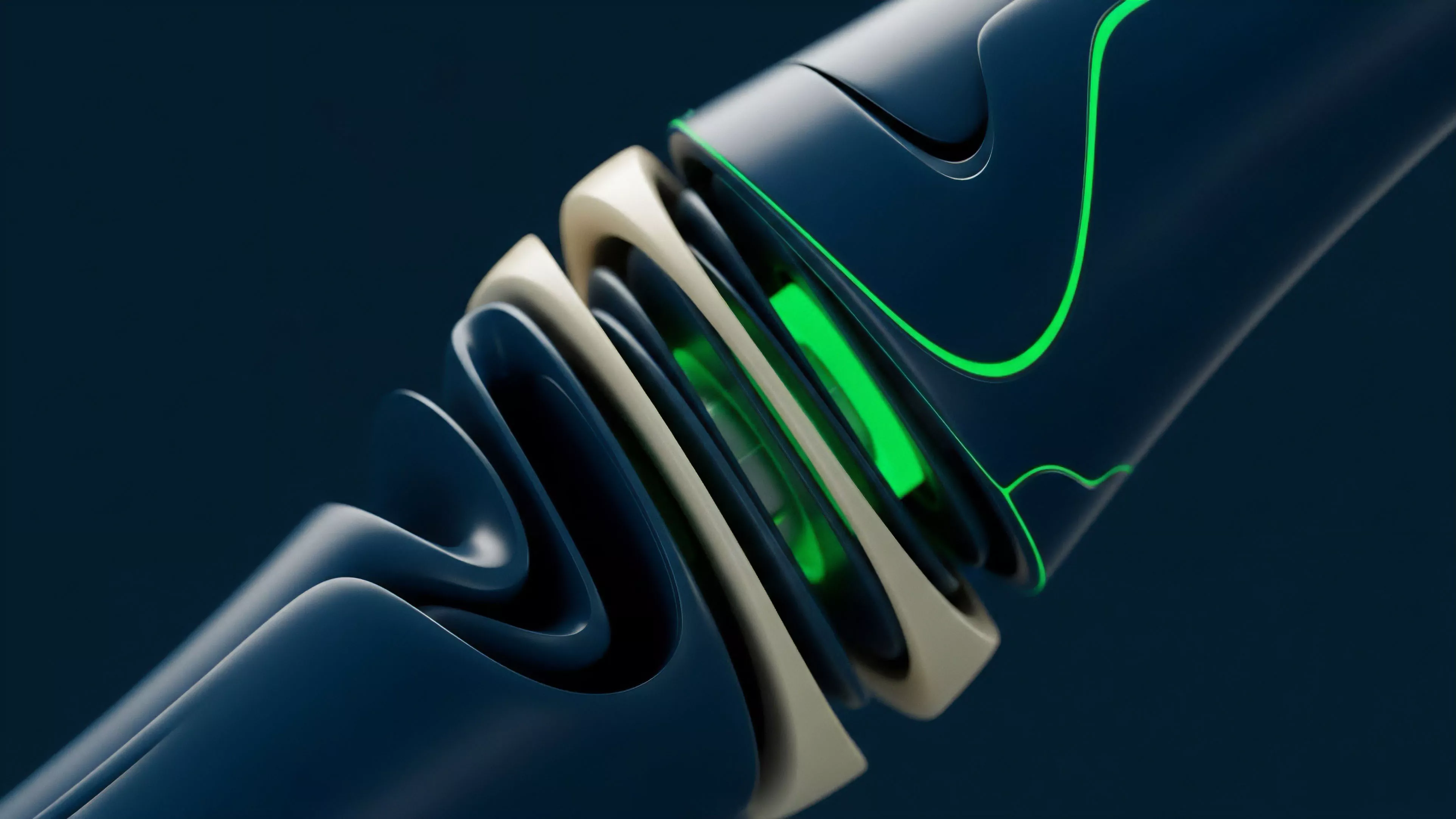 A macro abstract digital rendering showcases dark blue flowing surfaces meeting at a glowing green core, representing dynamic data streams in decentralized finance.