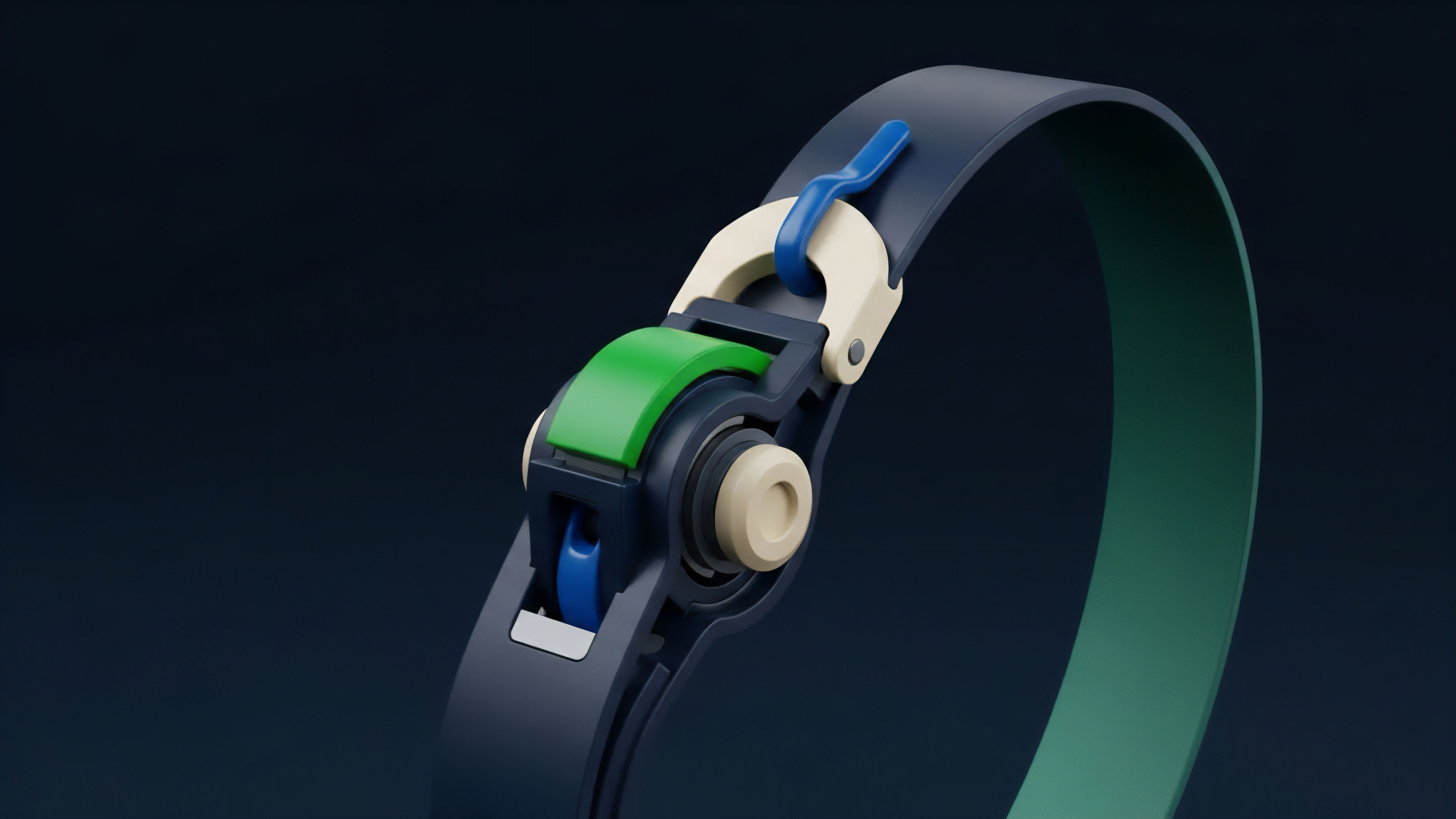 A complex, multi-component fastening system illustrates a smart contract architecture for decentralized finance. The mechanism's interlocking pieces represent a governance framework, where different components—such as an algorithmic stablecoin's stabilization trigger green lever and multi-signature wallet components blue hook—must align for settlement. This structure symbolizes the collateralization and liquidity provisioning required in risk-weighted asset management, highlighting a high-fidelity protocol design focused on secure interoperability and dynamic optimization within a decentralized autonomous organization.