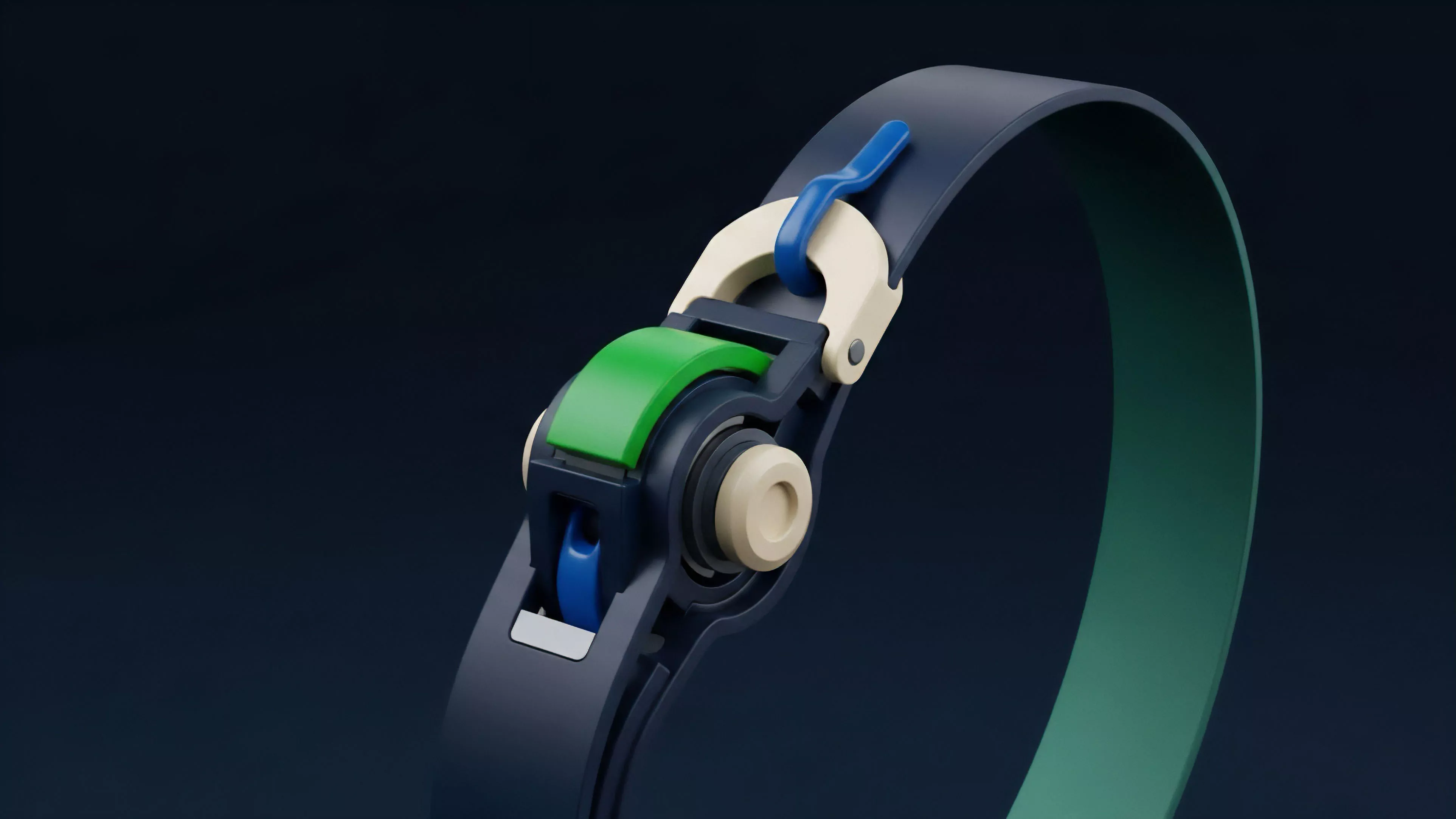 A complex, multi-component fastening system illustrates a smart contract architecture for decentralized finance. The mechanism's interlocking pieces represent a governance framework, where different components—such as an algorithmic stablecoin's stabilization trigger green lever and multi-signature wallet components blue hook—must align for settlement. This structure symbolizes the collateralization and liquidity provisioning required in risk-weighted asset management, highlighting a high-fidelity protocol design focused on secure interoperability and dynamic optimization within a decentralized autonomous organization.