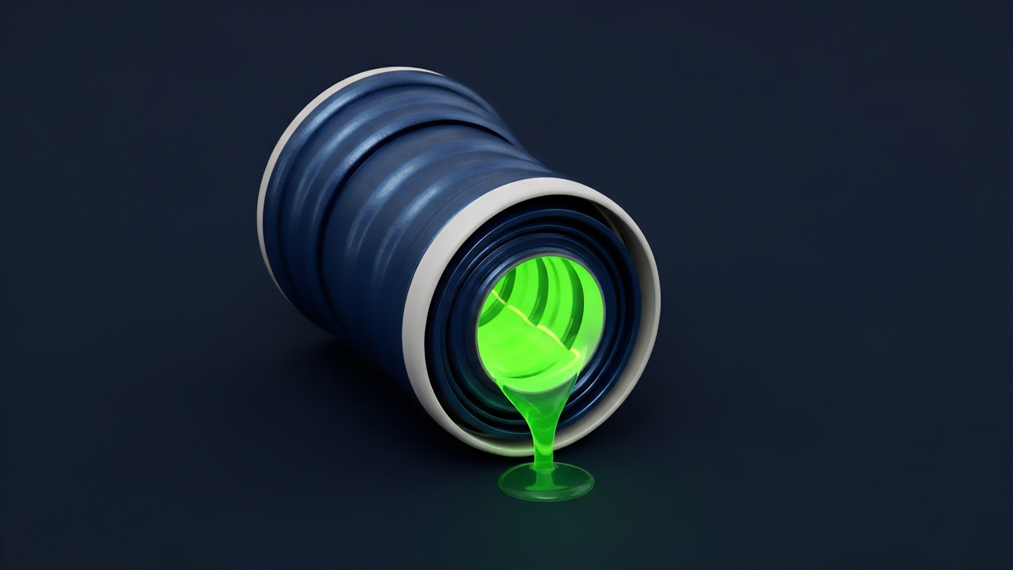 A blue collapsible structure, resembling a complex financial instrument, represents a decentralized finance protocol. The structure's rapid collapse simulates a depeg event or flash crash, where the bright green liquid symbolizes a sudden liquidity outflow. This scenario illustrates the systemic risk inherent in highly leveraged derivatives markets. The glowing liquid pooling on the surface signifies the contagion risk spreading, as illiquid collateral and toxic assets rapidly lose value, threatening the overall solvency of interconnected protocols and yield farming strategies within the crypto ecosystem.