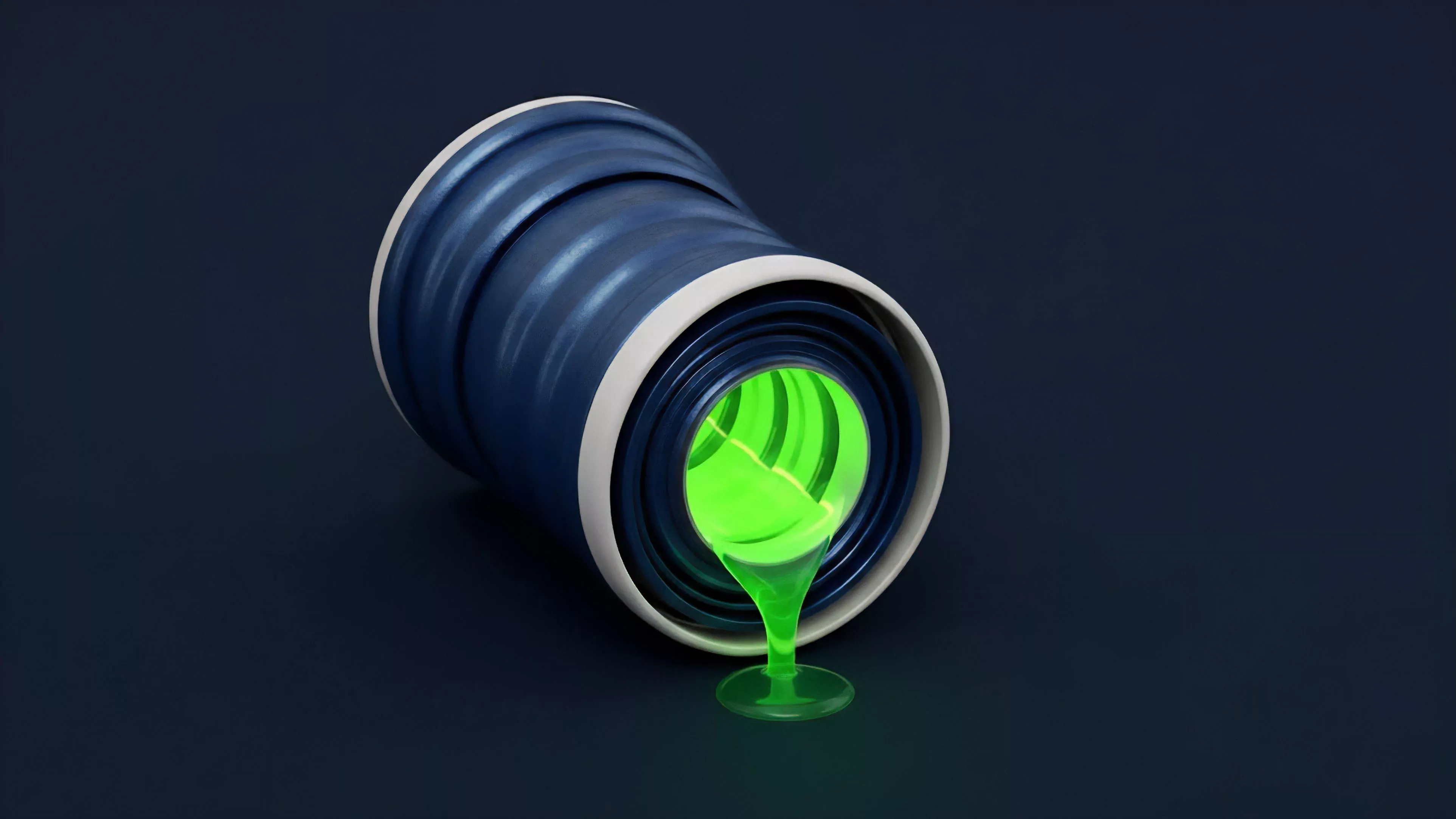 A blue collapsible container lies on a dark surface, tilted to the side. A glowing, bright green liquid pours from its open end, pooling on the ground in a small puddle