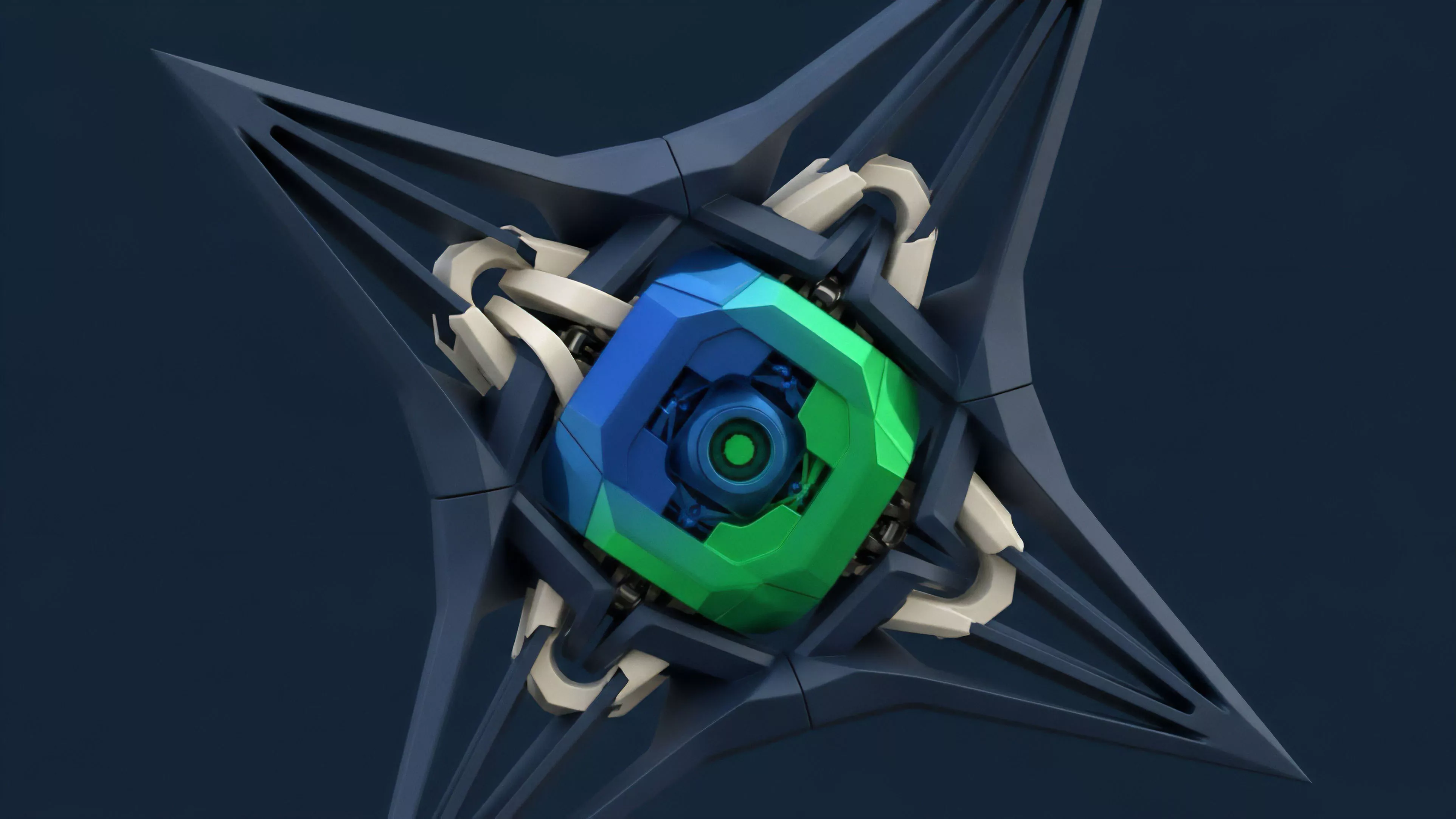 An abstract, futuristic object featuring a four-pointed, star-like structure with a central core. The core is composed of blue and green geometric sections around a central sensor-like component, held in place by articulated, light-colored mechanical elements