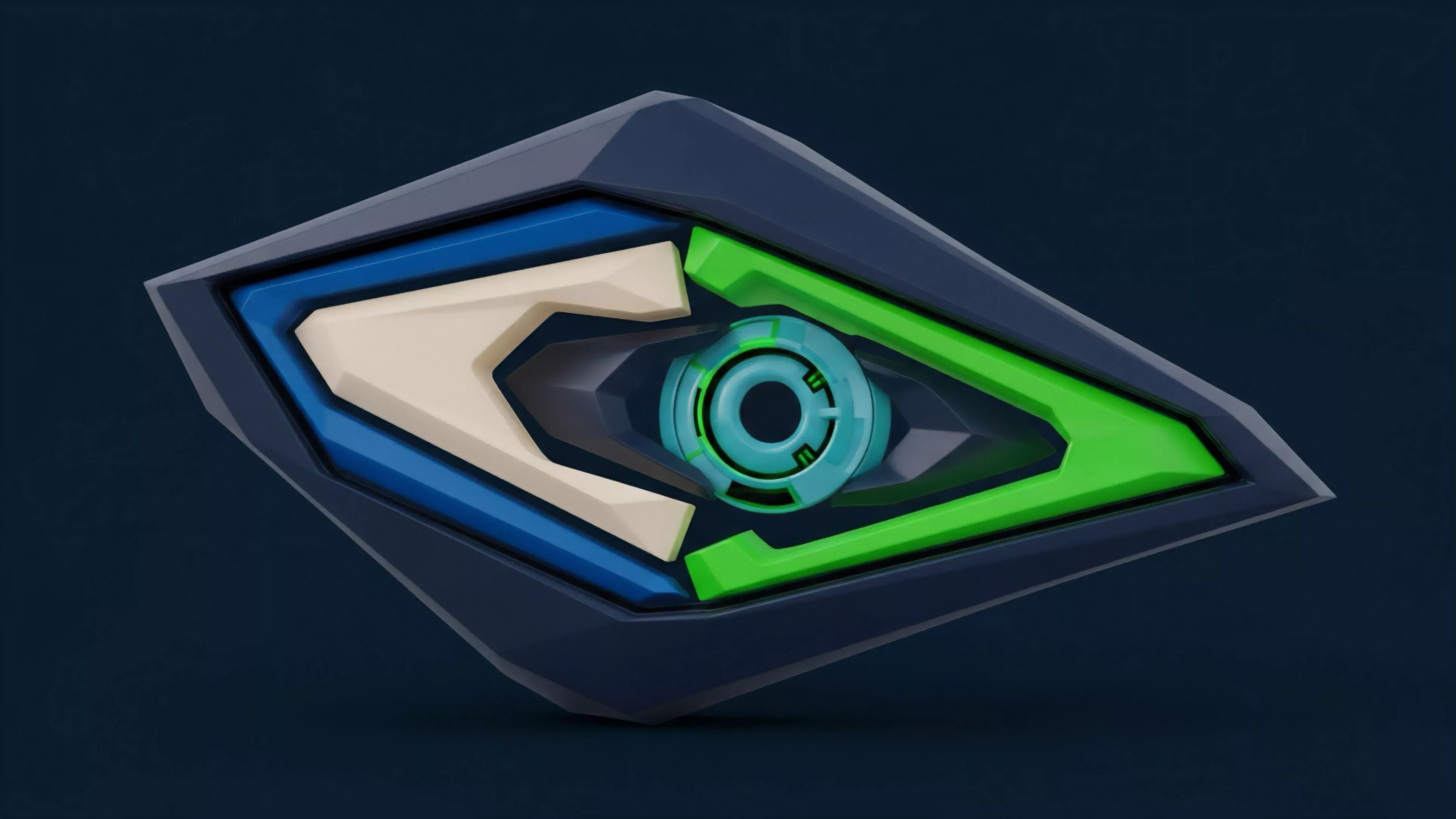 A futuristic, multi-layered object with sharp, angular forms and a central turquoise sensor represents a complex structured financial derivative.