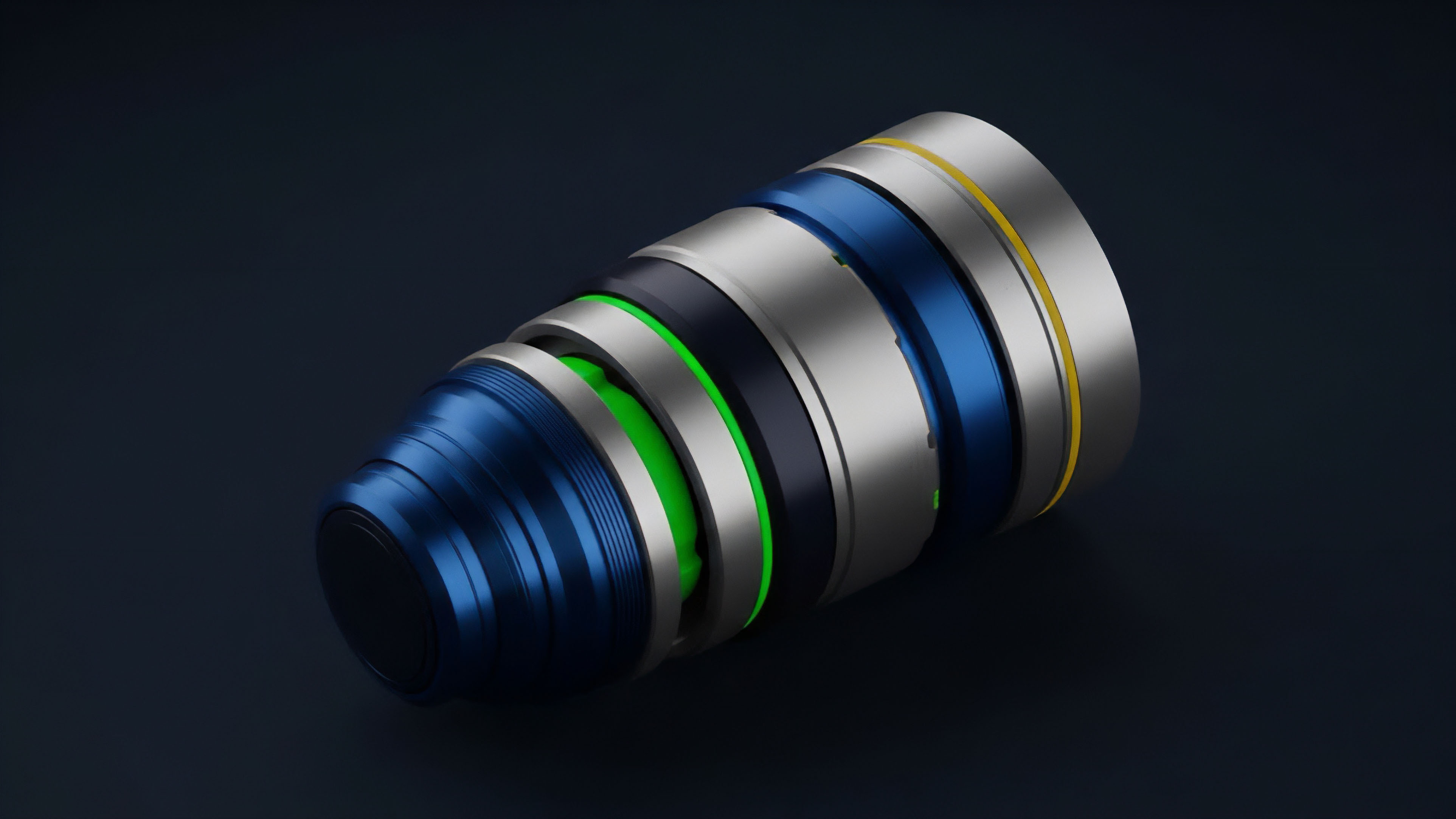 A high-fidelity rendering displays a multi-layered, cylindrical object, symbolizing a sophisticated financial instrument like a structured product or crypto derivative. Each distinct ring represents a specific tranche or component of a complex algorithm. The bright green section signifies high-risk yield generation opportunities within a DeFi protocol, while the metallic blue and silver layers represent various collateralization and risk management frameworks. The design illustrates the composability of smart contracts and the interoperability required for efficient decentralized options trading and automated market maker protocols.