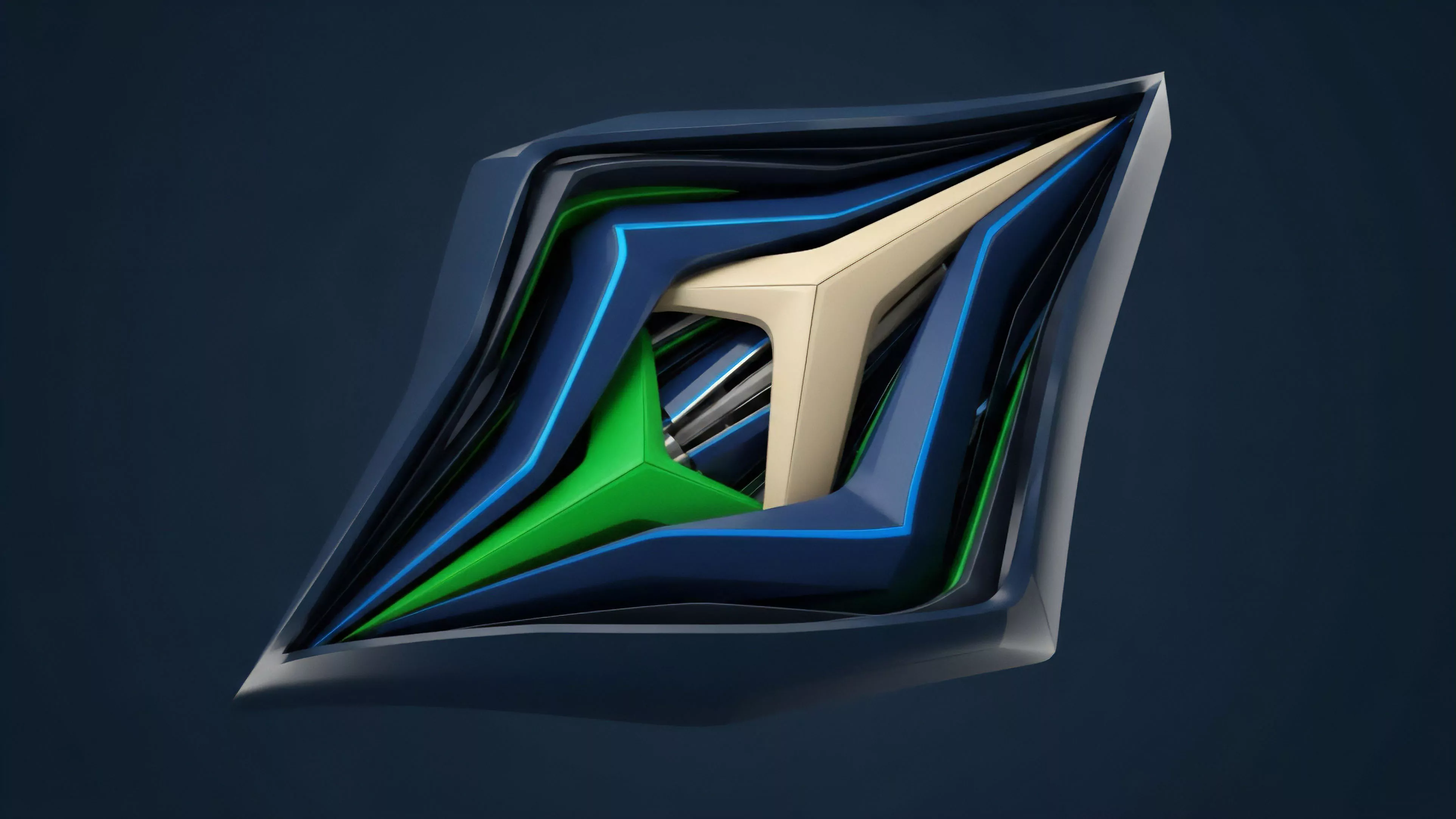 A stylized, high-tech emblem featuring layers of dark blue and green with luminous blue lines converging on a central beige form.