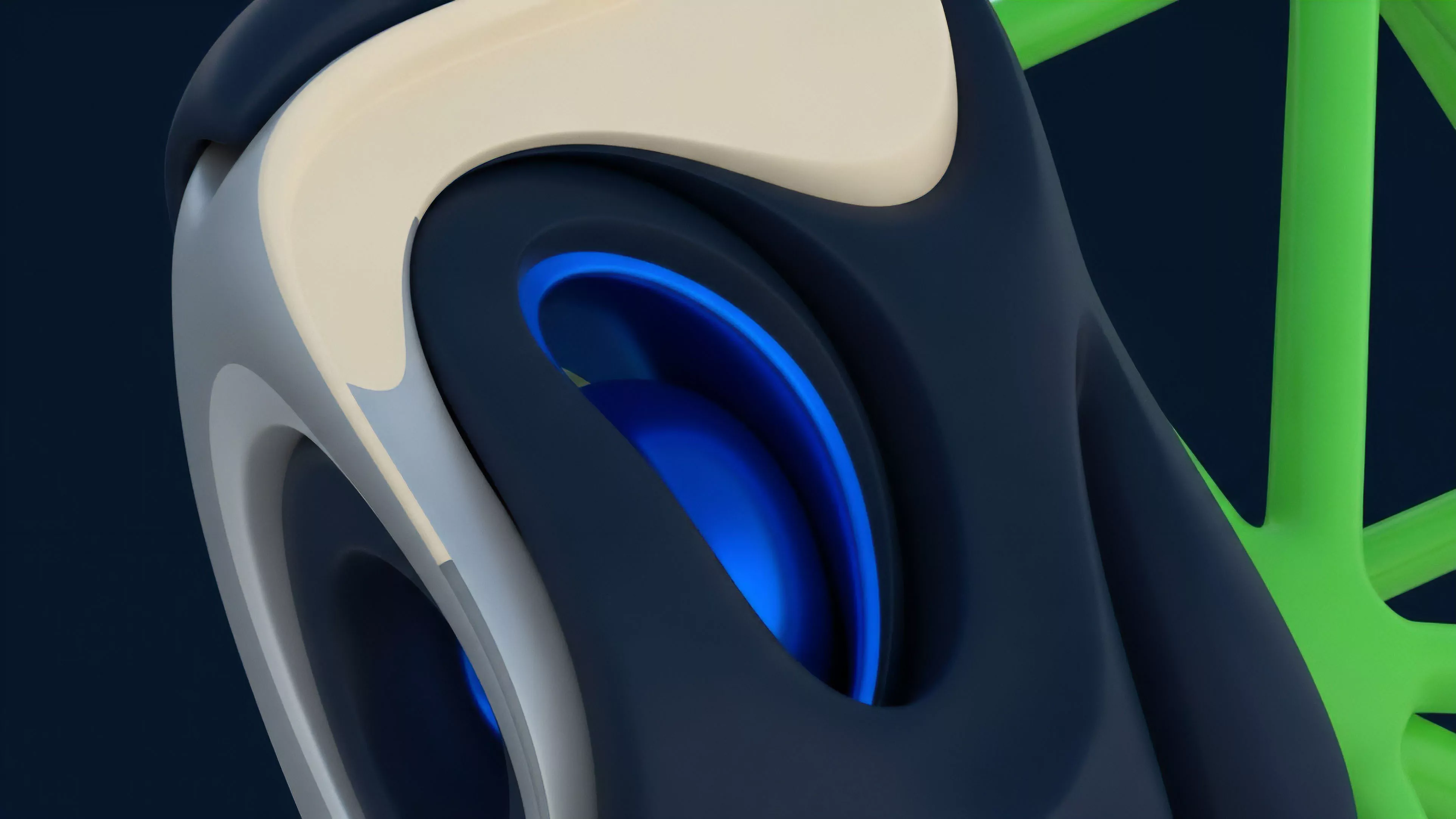 A detailed close-up reveals a sophisticated technological design with smooth, overlapping surfaces in dark blue, light gray, and cream.