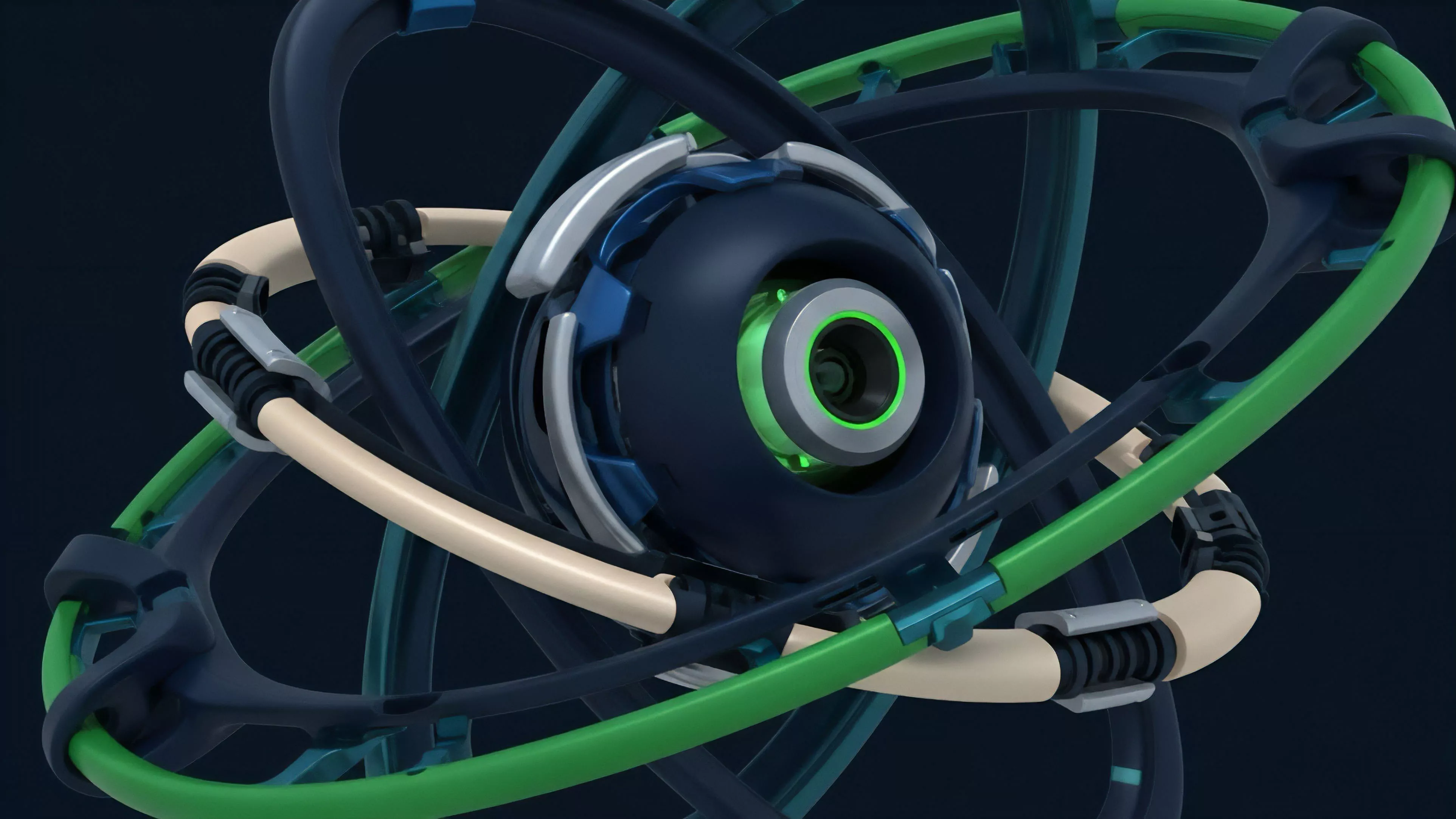 A complex, futuristic mechanical object features a dark central core encircled by intricate, flowing rings and components in varying colors including dark blue, vibrant green, and beige. The structure suggests dynamic movement and interconnectedness within a sophisticated system