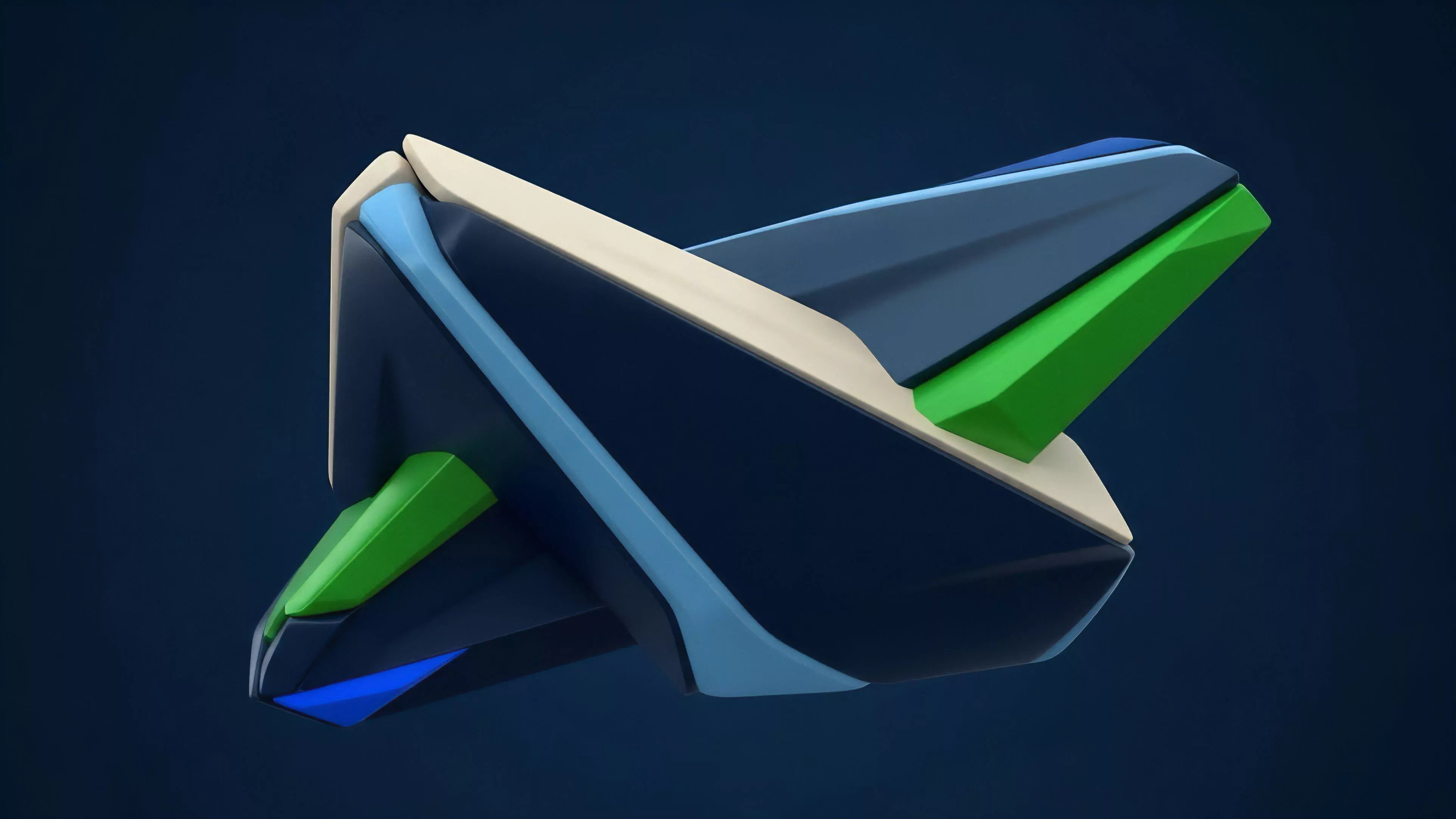 An abstract geometric structure featuring interlocking dark blue, light blue, cream, and vibrant green segments. This visualization represents the intricate architecture of decentralized finance protocols and smart contract composability. The dynamic interplay illustrates cross-chain liquidity mechanisms and synthetic asset creation. The specific elements symbolize collateralized debt positions CDPs and risk management strategies like delta hedging across various blockchain ecosystems. The green facets highlight yield generation and staking rewards within the DeFi framework.