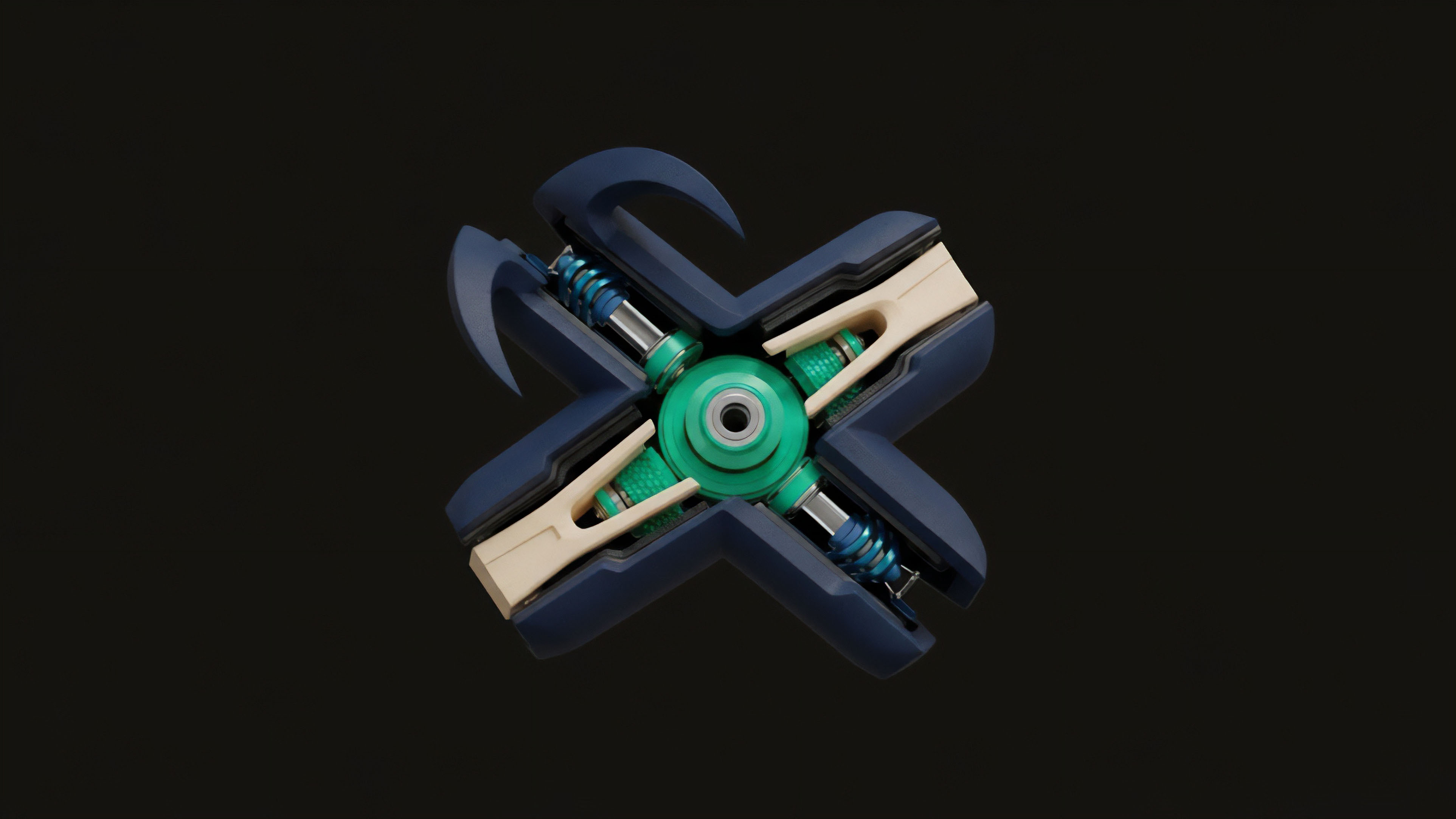 A detailed mechanical structure forms an 'X' shape, showcasing a complex internal mechanism of pistons and springs. This visualization represents the core architecture of a decentralized finance DeFi protocol designed for cross-chain interoperability. The configuration models an automated market maker AMM where liquidity provision and risk parameters are dynamically managed through algorithmic execution. The components represent a structured product’s different layers, demonstrating how multi-asset collateral and synthetic assets are deployed and rebalanced to maintain a stable-value currency or futures contract. This mechanism illustrates high-frequency algorithmic trading strategies within a secure smart contract environment.