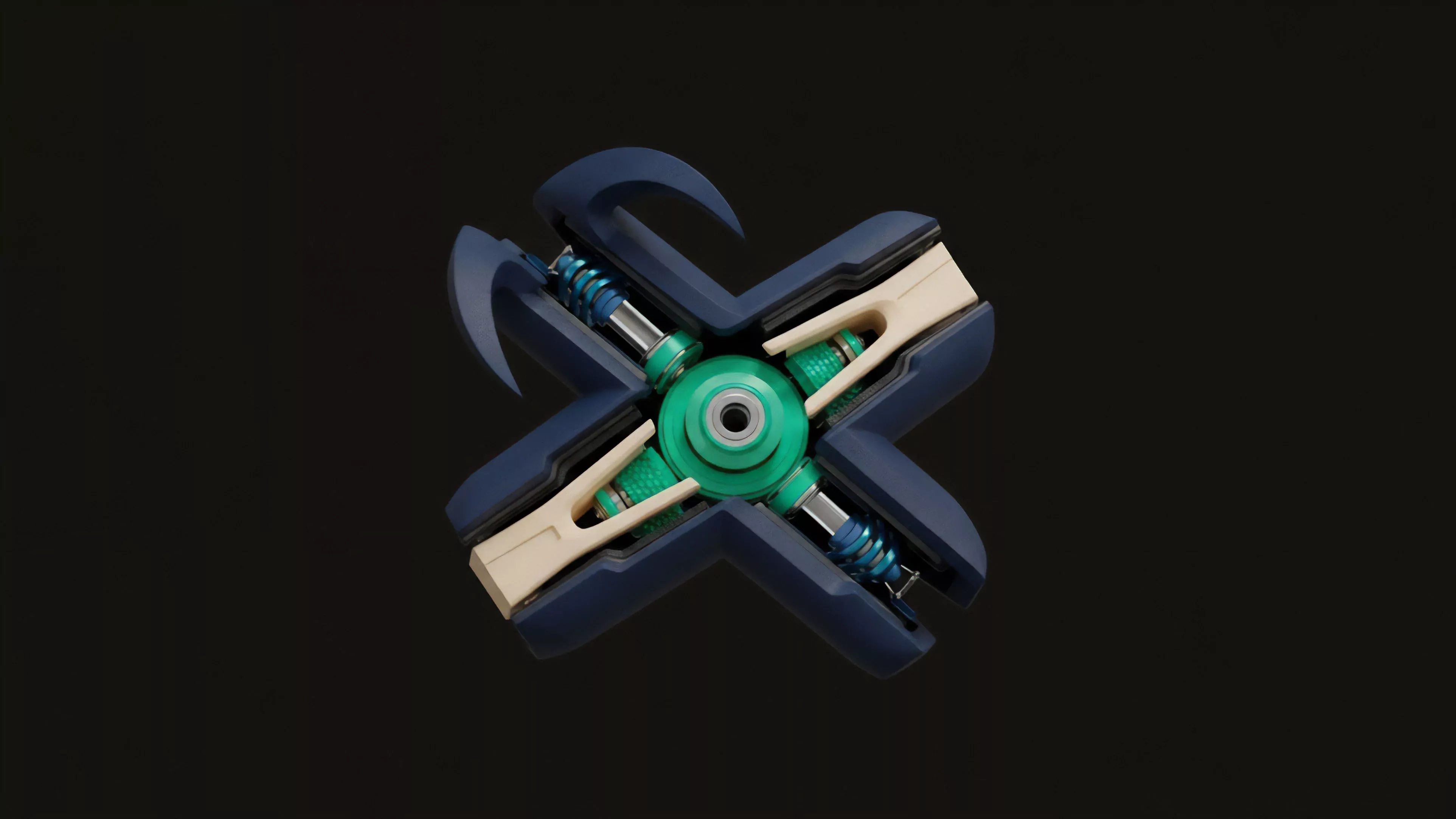 A detailed mechanical structure forms an 'X' shape, showcasing a complex internal mechanism of pistons and springs. This visualization represents the core architecture of a decentralized finance DeFi protocol designed for cross-chain interoperability. The configuration models an automated market maker AMM where liquidity provision and risk parameters are dynamically managed through algorithmic execution. The components represent a structured product’s different layers, demonstrating how multi-asset collateral and synthetic assets are deployed and rebalanced to maintain a stable-value currency or futures contract. This mechanism illustrates high-frequency algorithmic trading strategies within a secure smart contract environment.