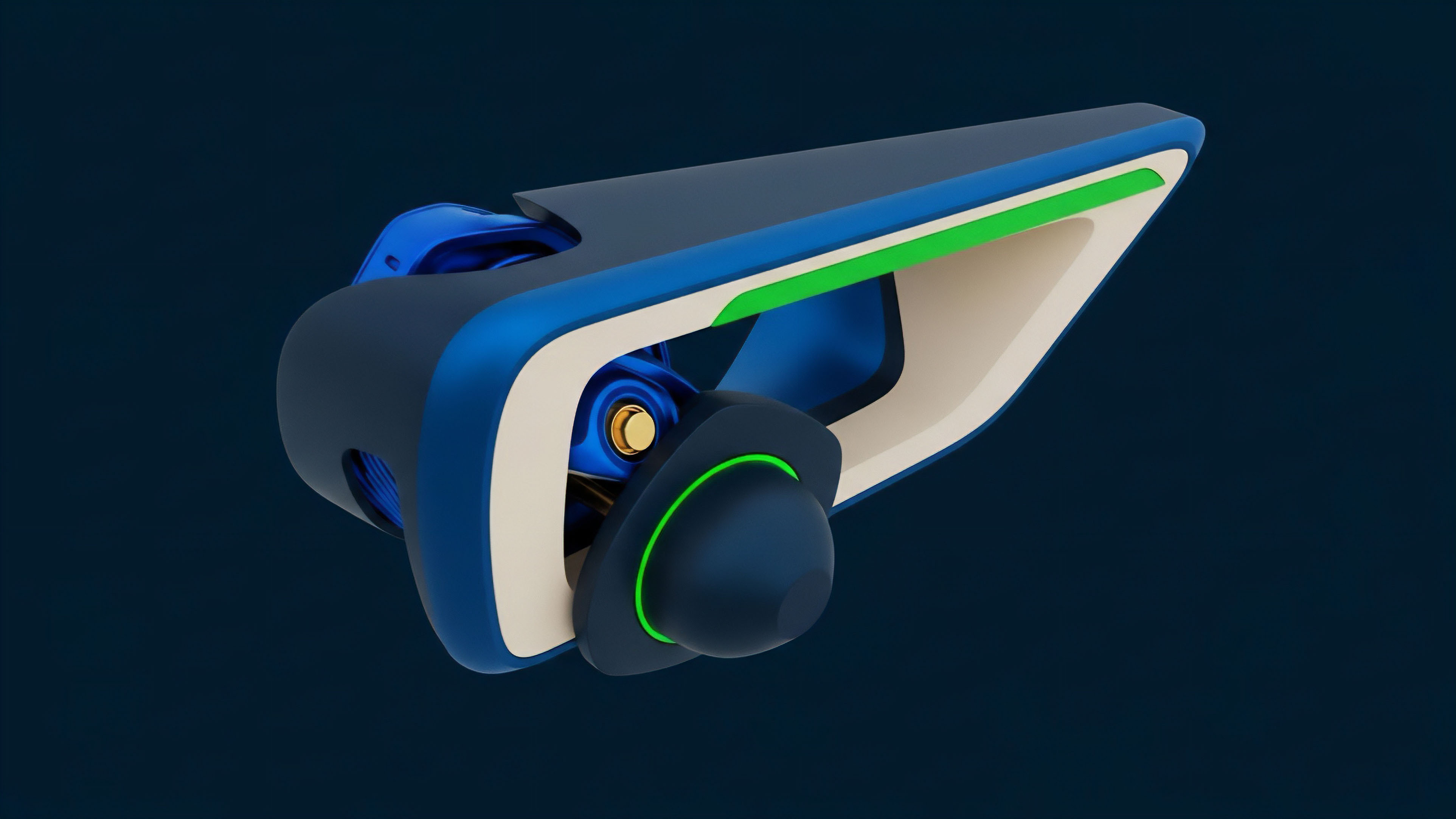 A high-resolution 3D render displays a futuristic object with dark blue, light blue, and beige surfaces accented by bright green details. The design features an asymmetrical, multi-component structure suggesting a sophisticated technological device or module