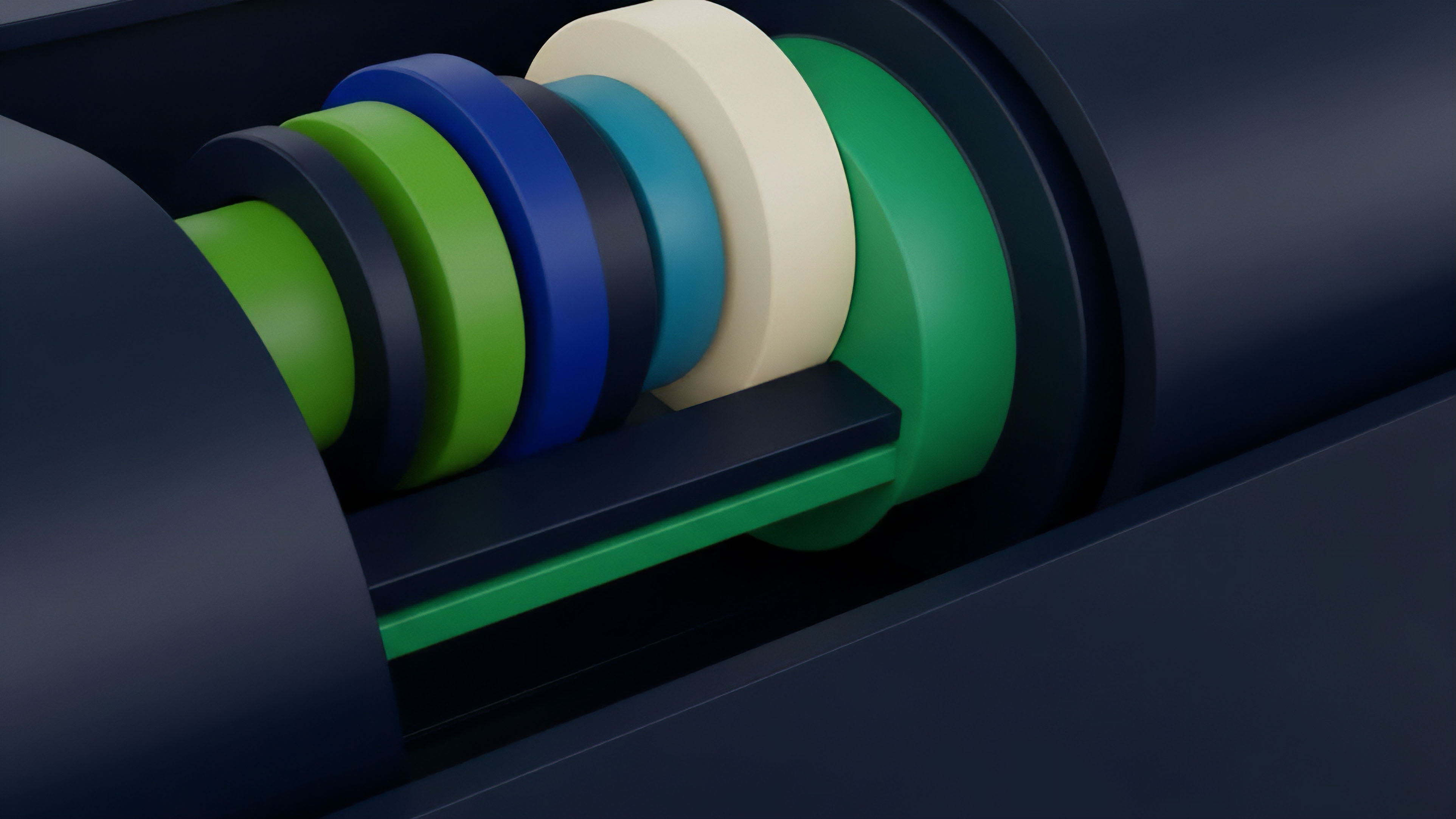 A detailed cross-section reveals nested components, representing the complex architecture of a decentralized finance protocol. This abstract visualization illustrates risk stratification within a DeFi structured product where distinct liquidity tranches are layered to manage systemic risk. The underlying collateral-backed derivative green layer forms the base, while upper layers symbolize different smart contract functionalities and premium allocations. This structure highlights the intricate collateralization and tokenomics necessary for synthetic asset creation and yield generation in a sophisticated DeFi ecosystem.