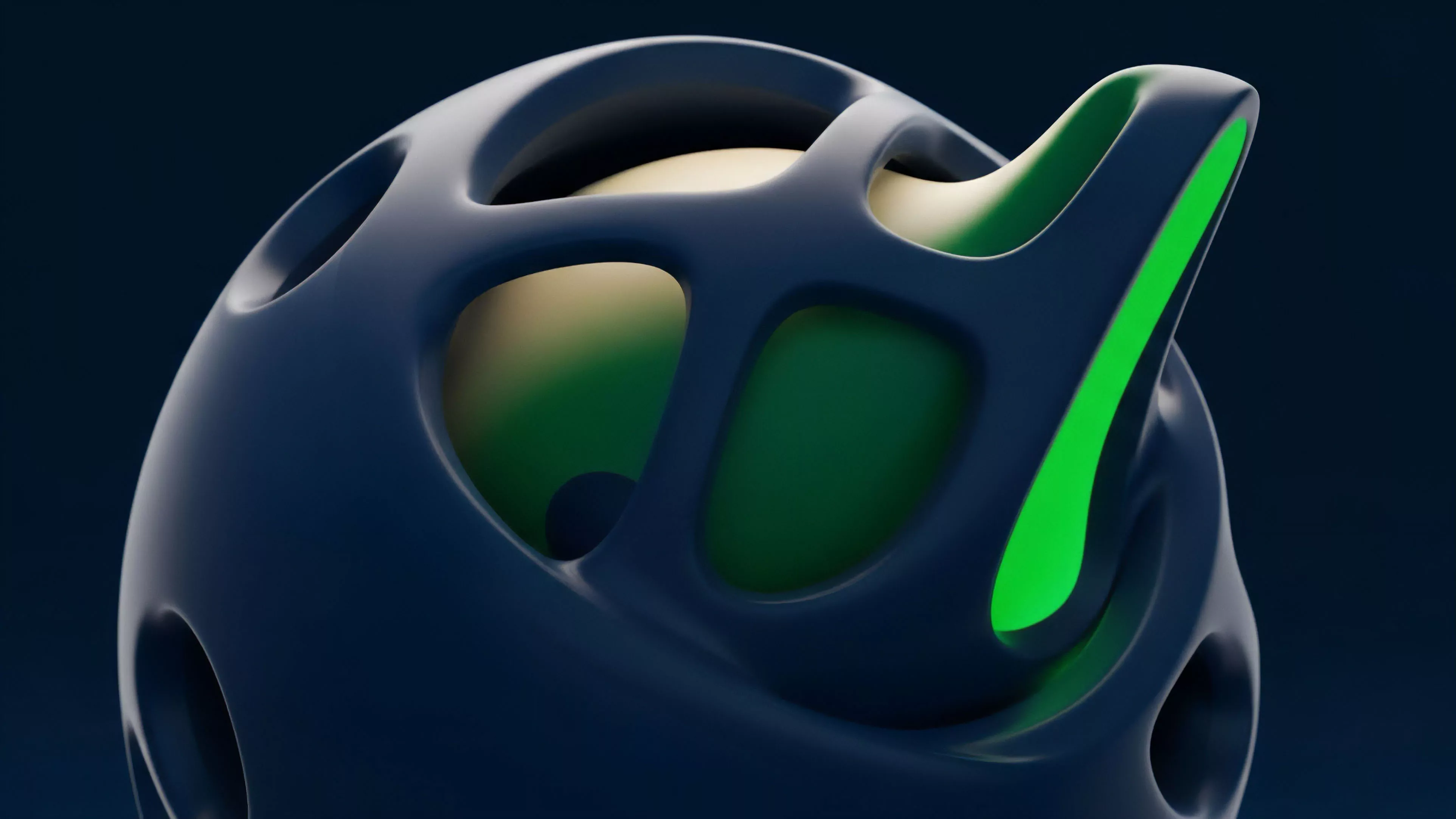 A flowing, interconnected dark blue structure represents a sophisticated decentralized finance protocol or derivative instrument. A light inner sphere symbolizes the total value locked within the system's collateralized debt position. The glowing green element depicts an active options trading contract or an automated market maker’s liquidity injection mechanism. This porous framework visualizes robust risk management strategies and continuous oracle data feeds essential for pricing volatility and mitigating impermanent loss in yield farming. The design emphasizes the complexity of securing financial derivatives in a volatile crypto market.