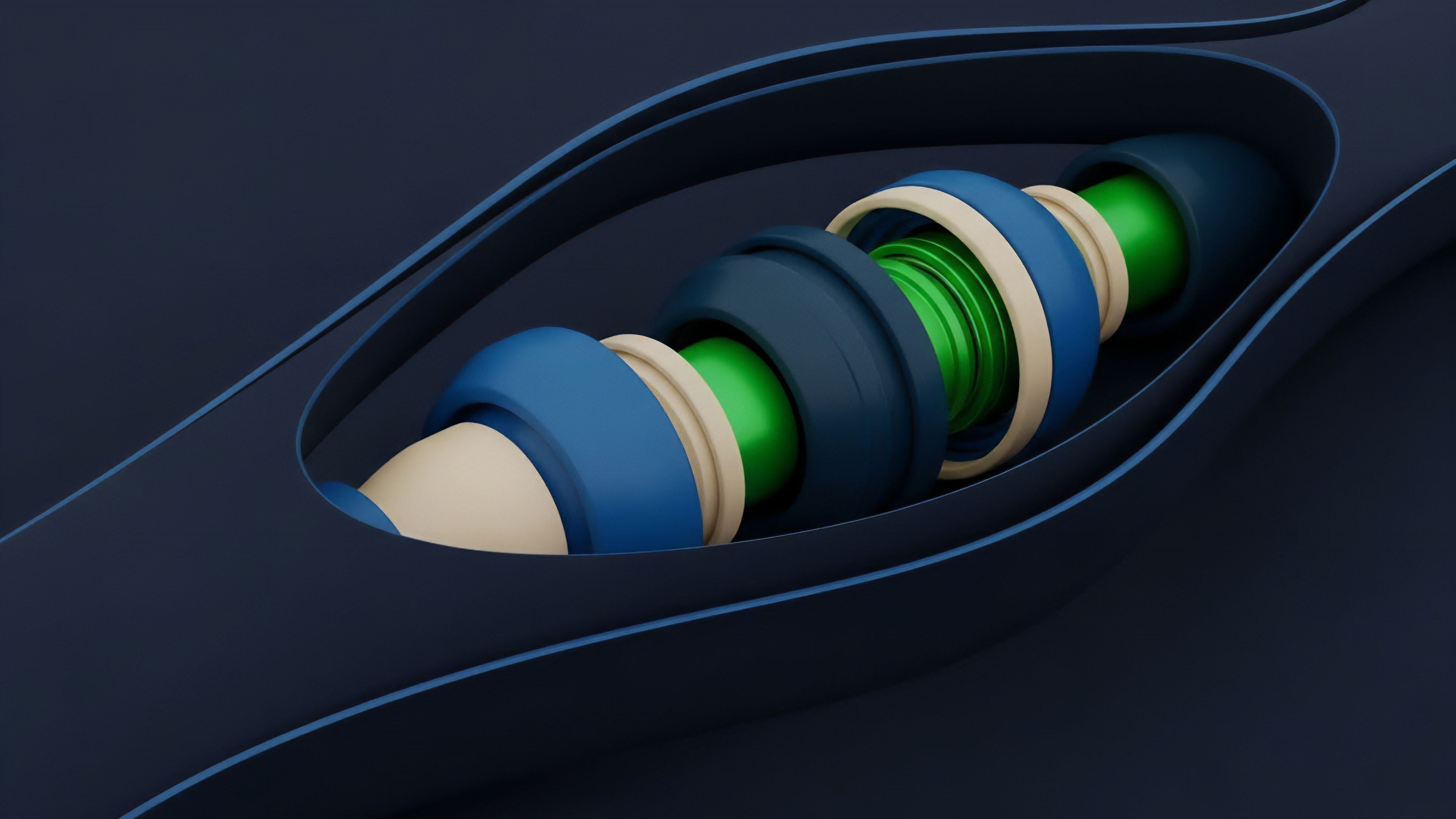 A stylized 3D animation depicts a mechanical structure composed of segmented components blue, green, beige moving through a dark blue, wavy channel. The components are arranged in a specific sequence, suggesting a complex assembly or mechanism operating within a confined space