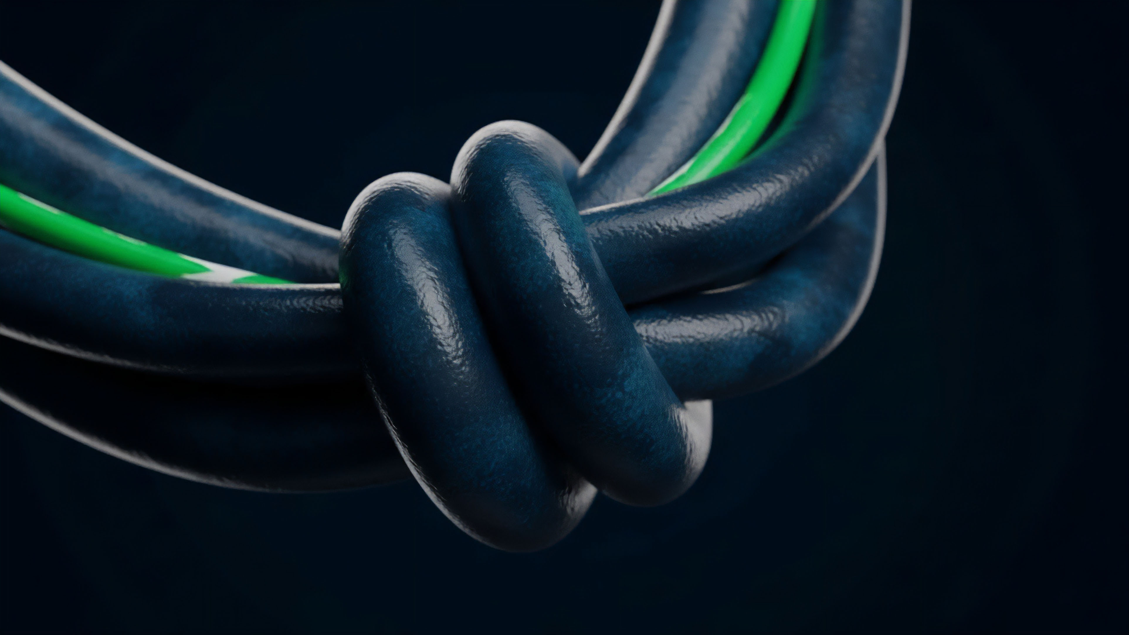 A macro photograph captures a tight, complex knot in a thick, dark blue cable, with a thinner green cable intertwined within the structure. The entanglement serves as a powerful metaphor for the interconnected systemic risk prevalent in decentralized finance DeFi protocols and high-leverage derivative positions. This configuration specifically visualizes complex cross-collateralization mechanisms and structured products where a single margin call or oracle failure can trigger cascading liquidations. The intricate binding of the two cables represents the contractual obligations that tie together distinct assets within a liquidity pool, highlighting potential bottlenecks and vulnerabilities that challenge robust risk management strategies in volatile market conditions, leading to potential impermanent loss.