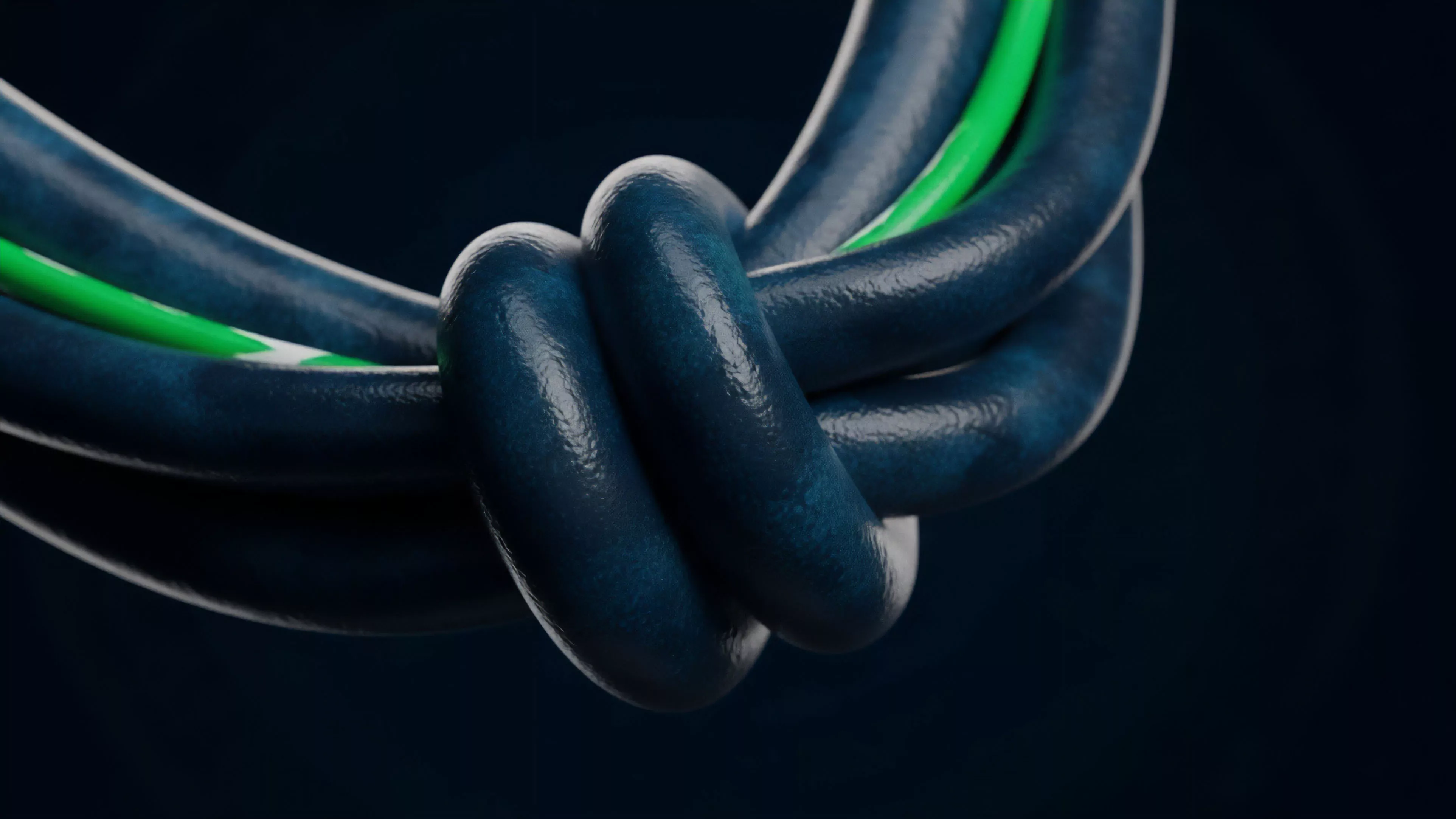A macro photograph captures a tight, complex knot in a thick, dark blue cable, with a thinner green cable intertwined within the structure. The entanglement serves as a powerful metaphor for the interconnected systemic risk prevalent in decentralized finance DeFi protocols and high-leverage derivative positions. This configuration specifically visualizes complex cross-collateralization mechanisms and structured products where a single margin call or oracle failure can trigger cascading liquidations. The intricate binding of the two cables represents the contractual obligations that tie together distinct assets within a liquidity pool, highlighting potential bottlenecks and vulnerabilities that challenge robust risk management strategies in volatile market conditions, leading to potential impermanent loss.