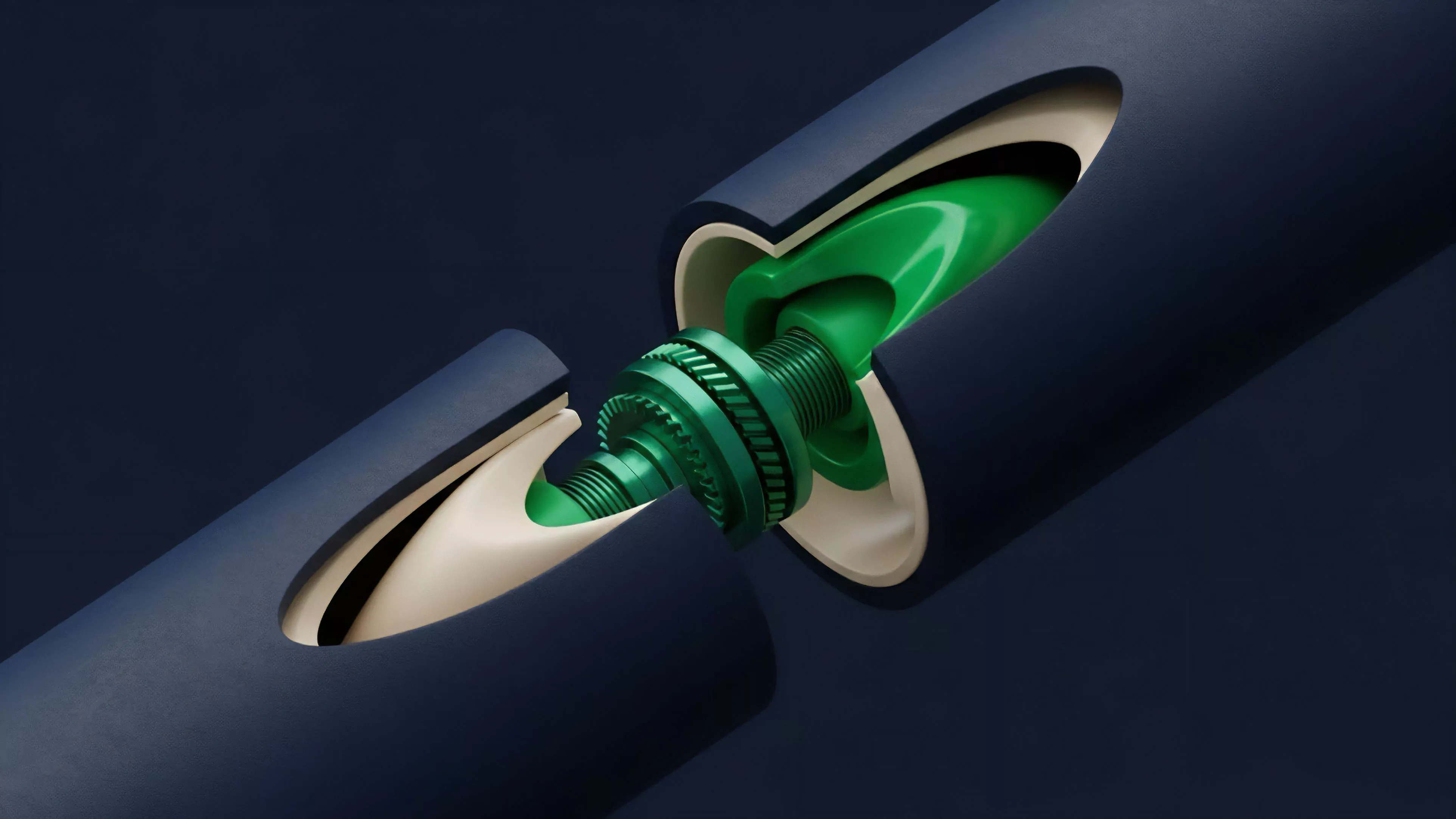 A technical cutaway view displays two cylindrical components aligned for connection, revealing their inner workings. The right-hand piece contains a complex green internal mechanism and a threaded shaft, while the left piece shows the corresponding receiving socket